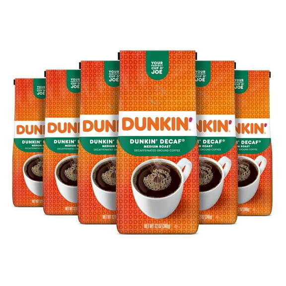 (6 pack) Dunkin Decaf Original Blend Ground Coffee, Medium Roast, 12 oz, bag