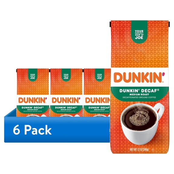 (6 pack) Dunkin Decaf Original Blend Ground Coffee, Medium Roast, 12 oz, bag
