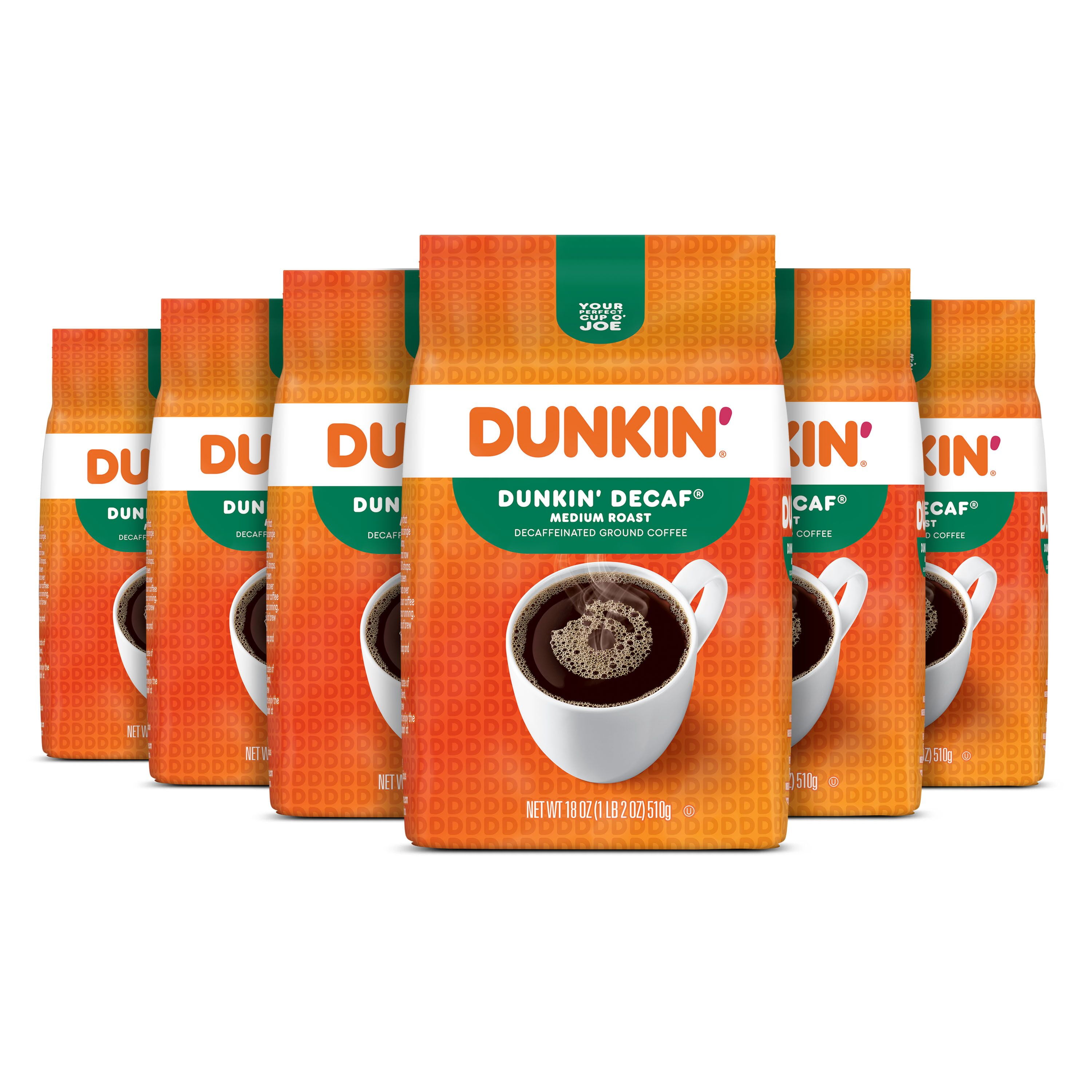(6 pack) Dunkin’ Decaf Medium Roast Ground Coffee, 18 oz Bag