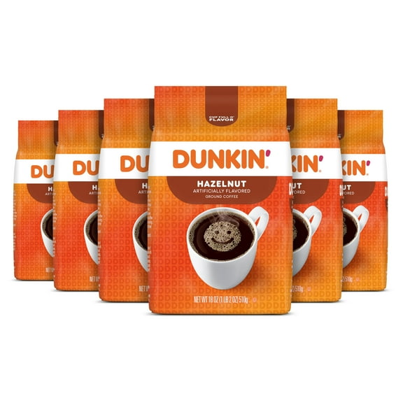 (6 pack) Dunkin’ Hazelnut Artificially Flavored Ground Coffee, 18 oz Bag