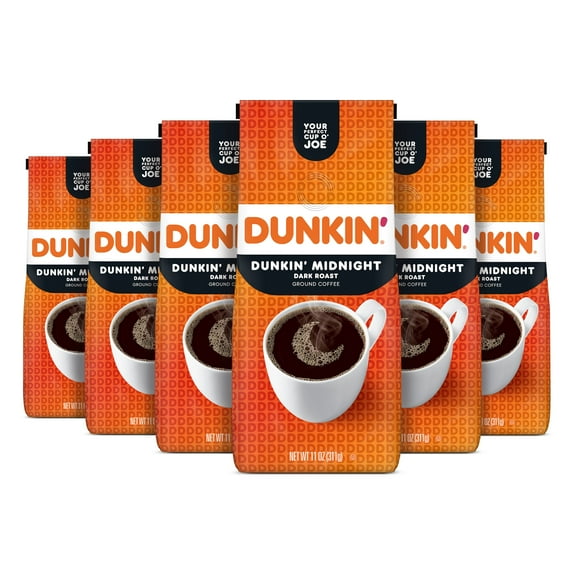(6 pack) Dunkin Midnight Dark Roast Ground Coffee, 11 oz Bag