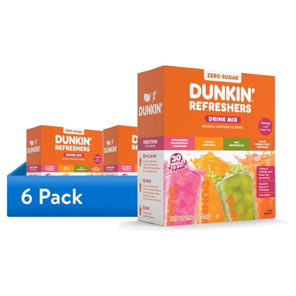 (6 pack) Dunkin' Refreshers Zero Sugar Singles to go Powdered Drink Mix Variety Pack, 30 Count Packets