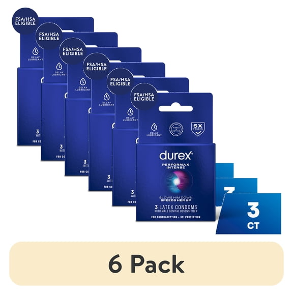 (6 pack) Durex Performax Intense Condoms, Ultra Fine, Ribbed, Dotted with Delay Lubricant Natural Rubber Latex Condoms for Men, FSA & HSA Eligible, 3 Count