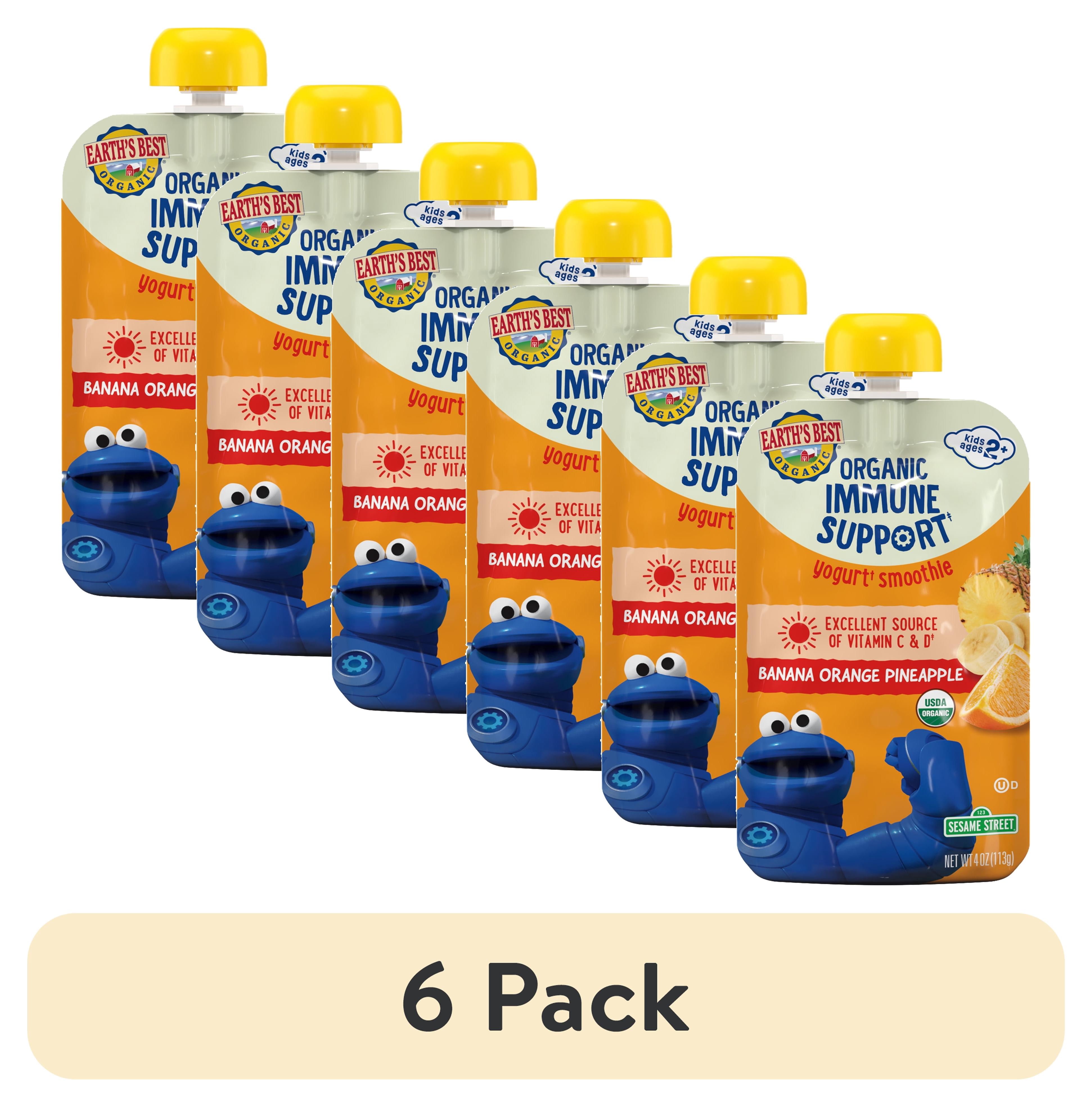 (6 pack) Earth's Best Organic Immune Support Toddler Food, Banana Orange Pineapple Smoothie, 4 oz Pouch