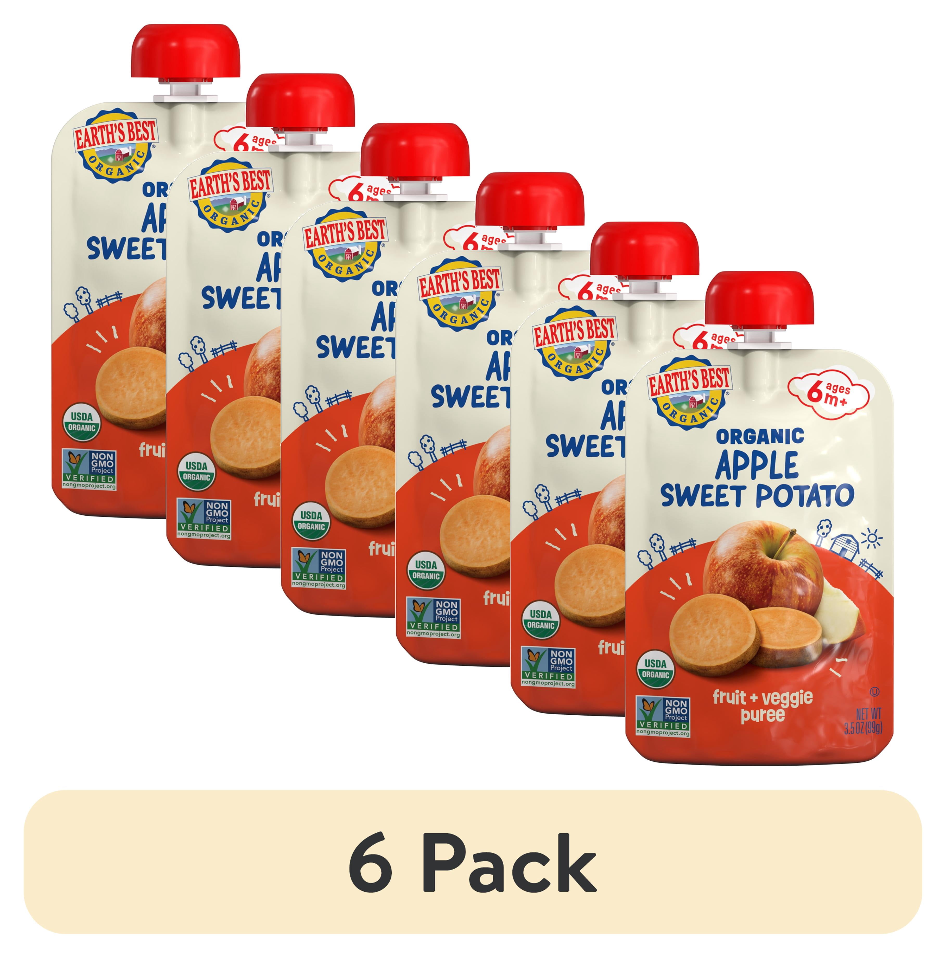 (6 pack) Earth's Best Organic Stage 2 Baby Food, Apple Sweet Potato Puree, 3.5 oz Pouch