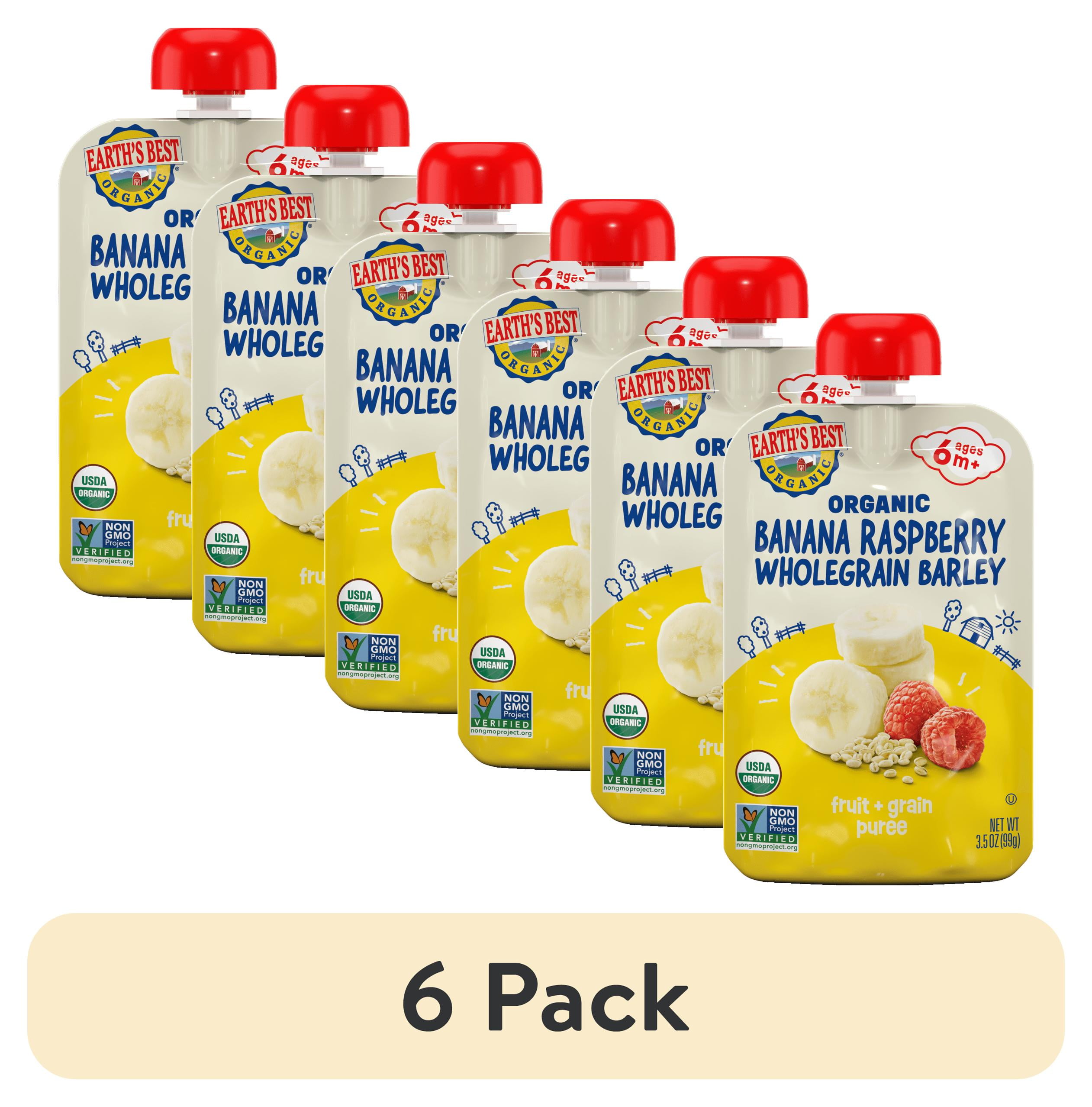 (6 pack) Earth's Best Organic Stage 2 Baby Food, Banana Raspberry Barley Fruit & Grain Puree, 3.5 oz Pouch