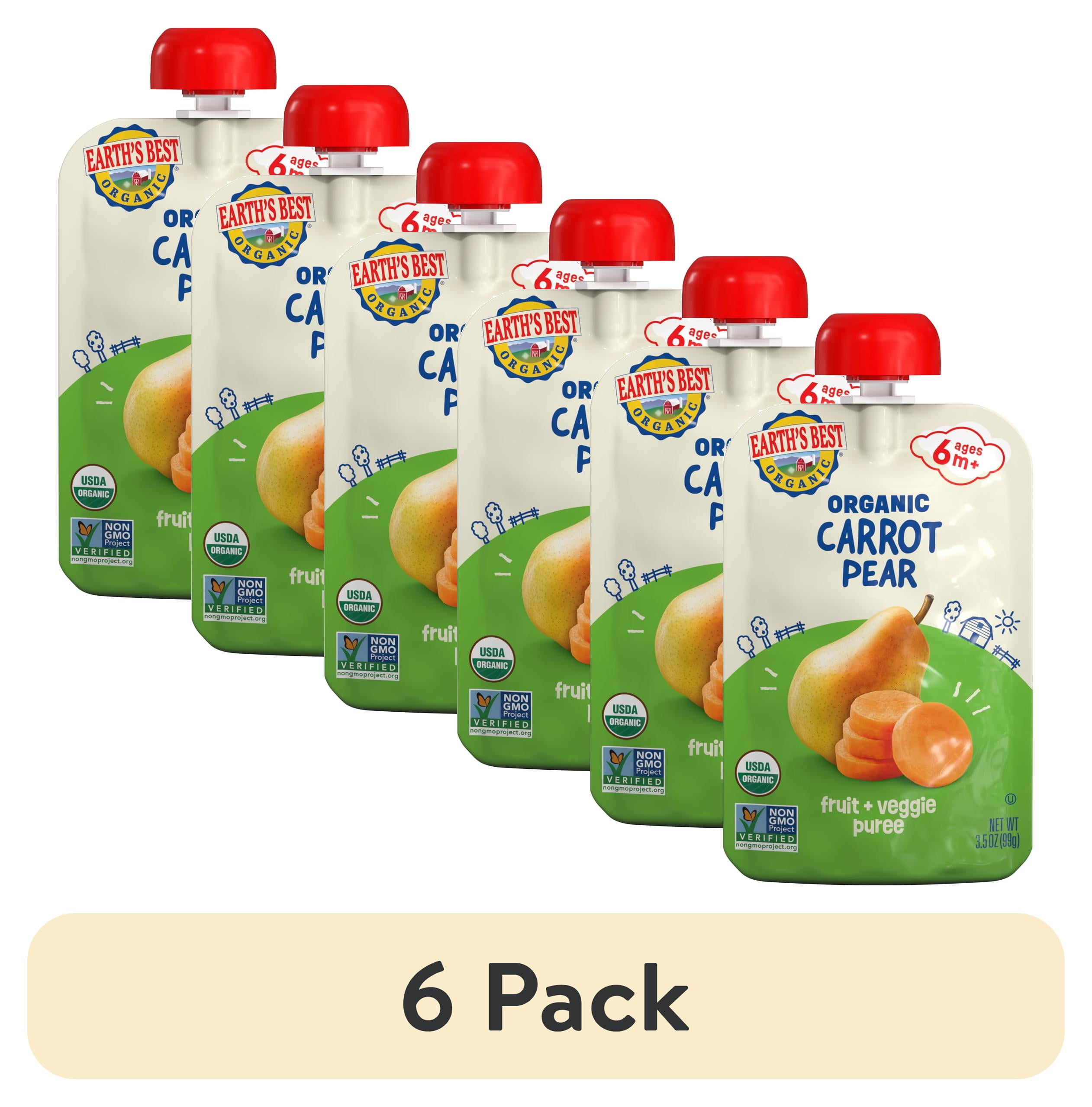 (6 pack) Earth's Best Organic Stage 2 Baby Food, Carrot Pear Fruit & Veggie Puree, 3.5 oz Pouch