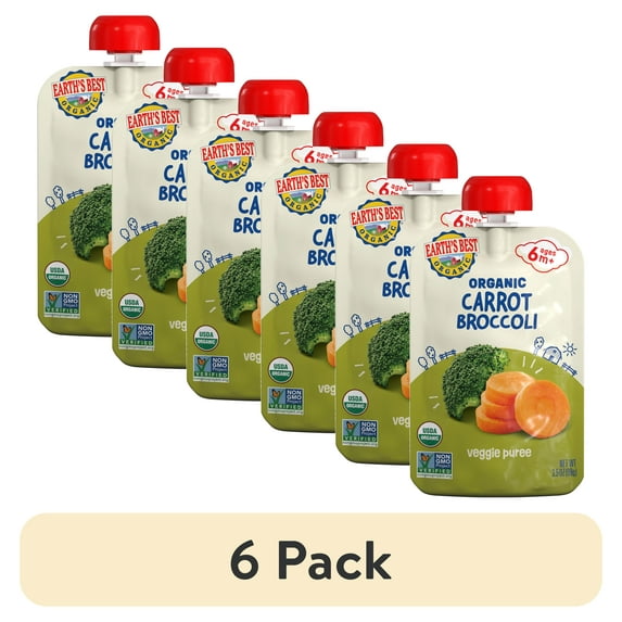 (6 pack) Earth's Best Organic Stage 2 Baby Food, Carrots Broccoli Veggie Puree, 3.5 oz Pouch