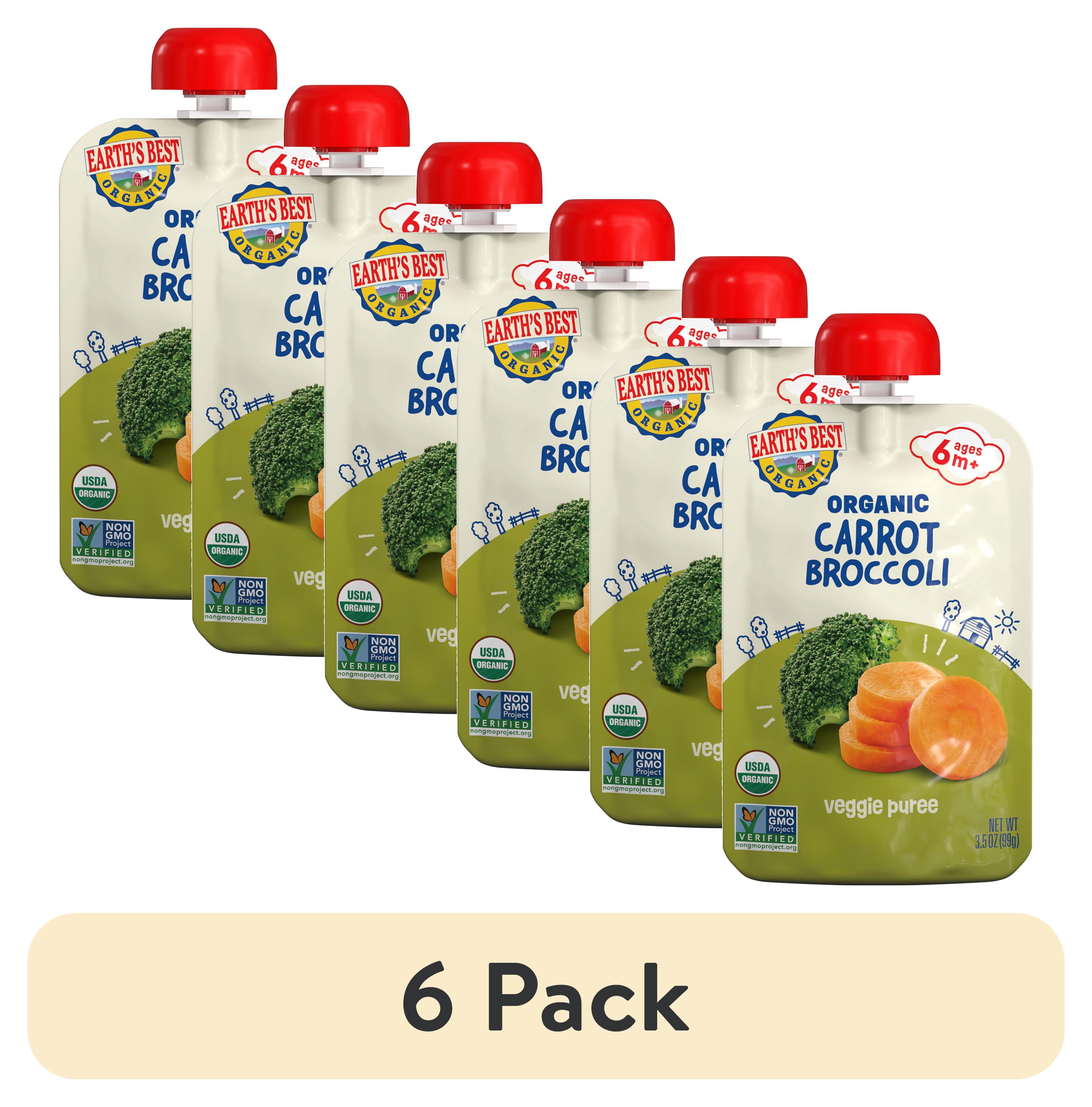 (6 pack) Earth's Best Organic Stage 2 Baby Food, Carrots Broccoli Veggie Puree, 3.5 oz Pouch