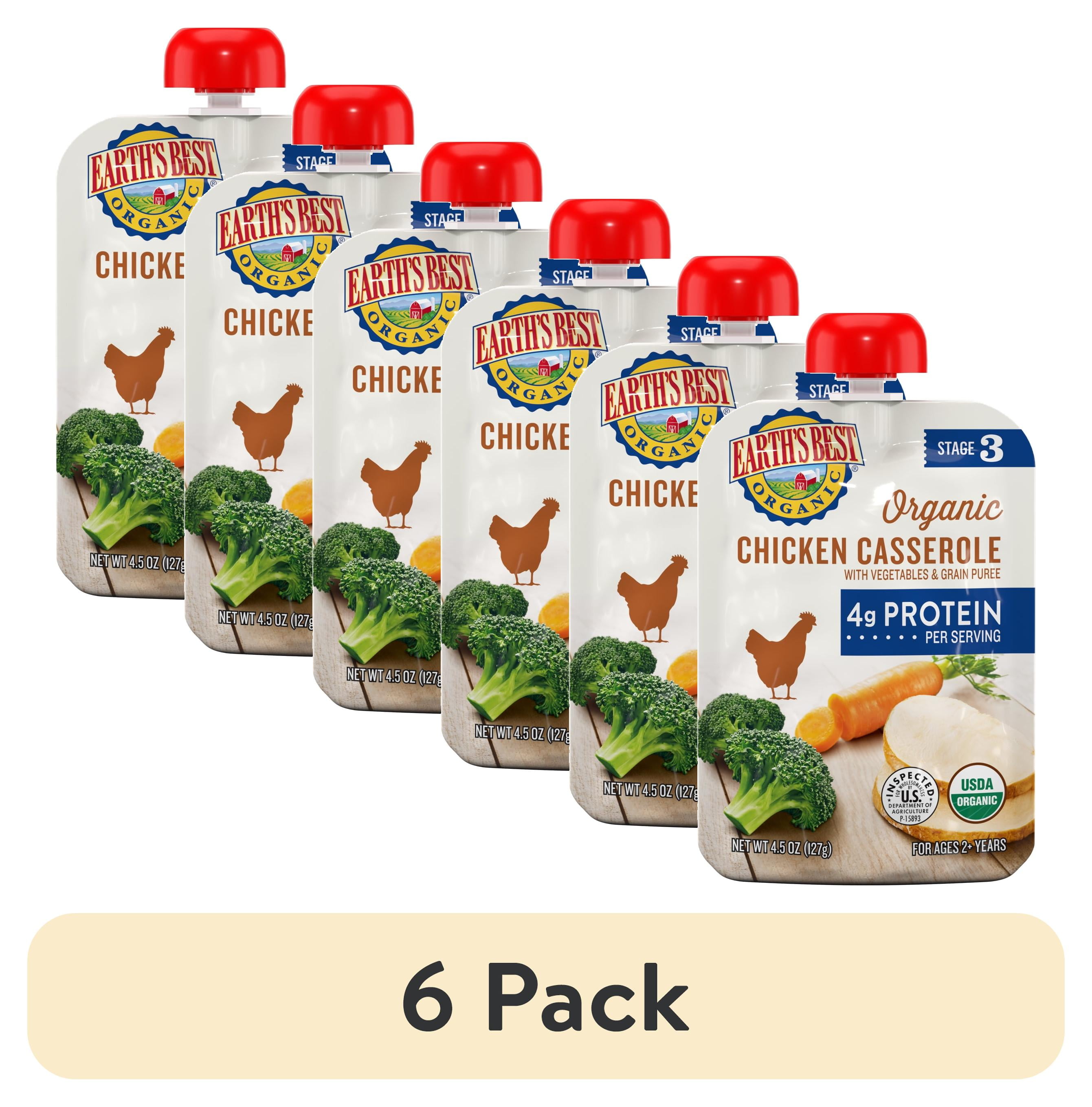 (6 pack) Earth's Best Organic Stage 3 Baby Food, Chicken Casserole with Vegetables & Grain, 4.5 oz Pouch