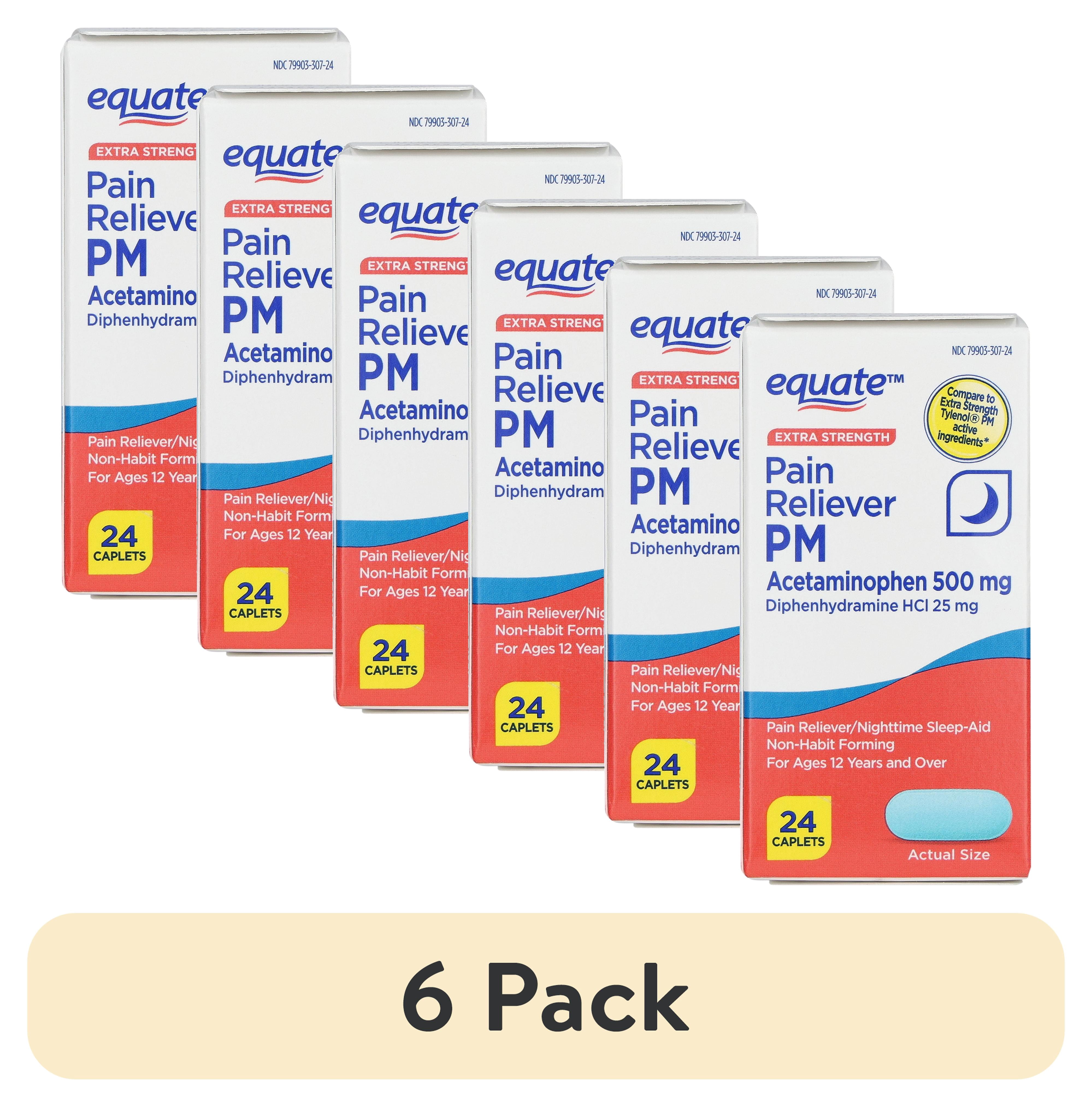 (6 pack) Equate Extra Strength Pain Reliever PM Acetaminophen Caplets, 500 mg, 24 Count