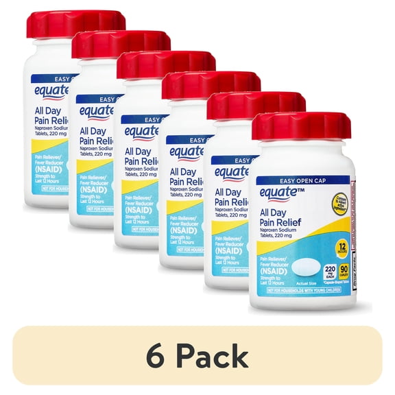 (6 pack) Equate All Day Pain Relief Naproxen Sodium Caplets, 220 mg, 90 Count, Easy Open Cap, Compare to Aleve® Active Ingredient