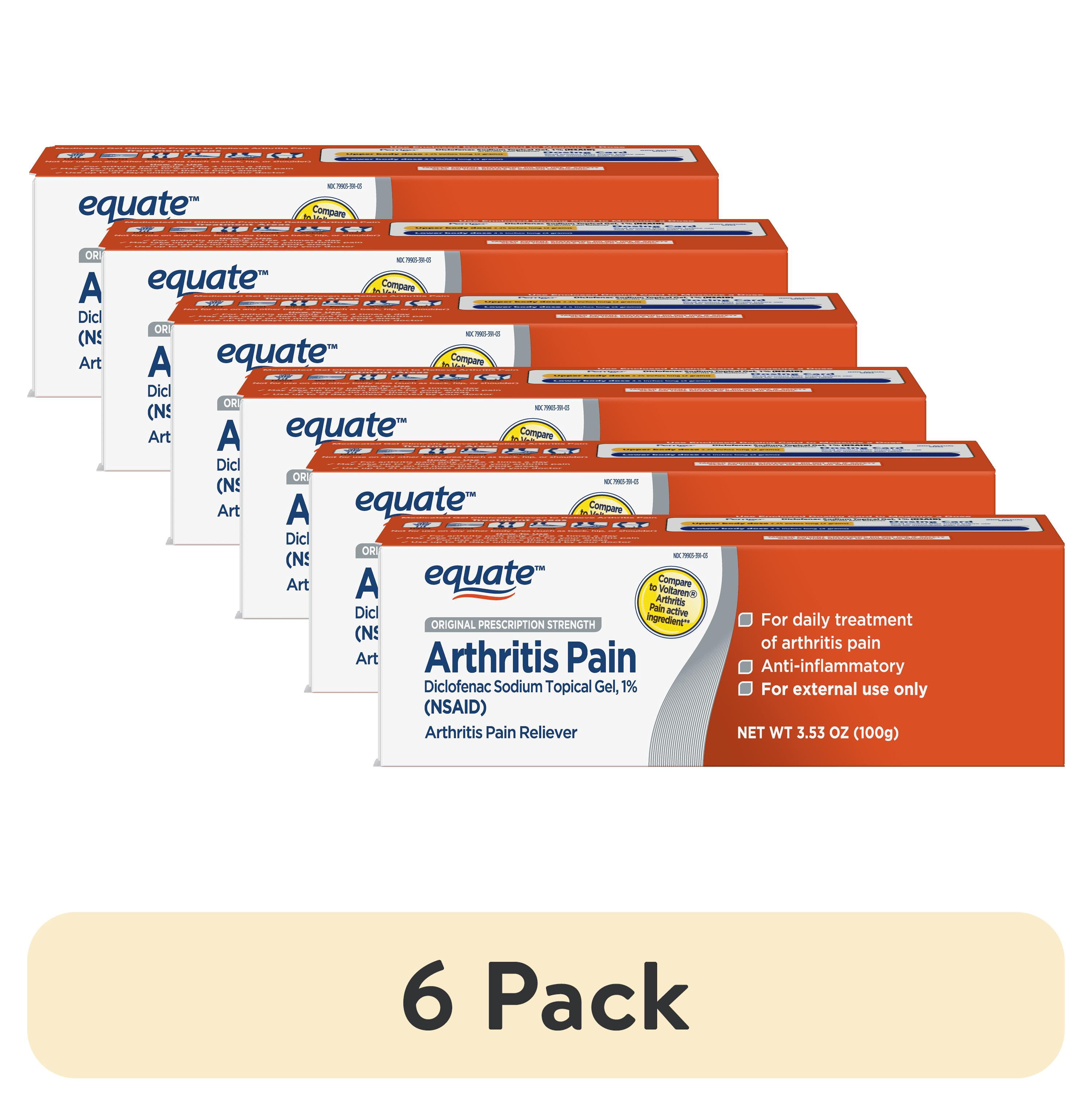(6 pack) Equate Arthritis Pain Relieving Gel, Diclofenac Sodium Topical Gel, 1 Percent, 3.53 Oz