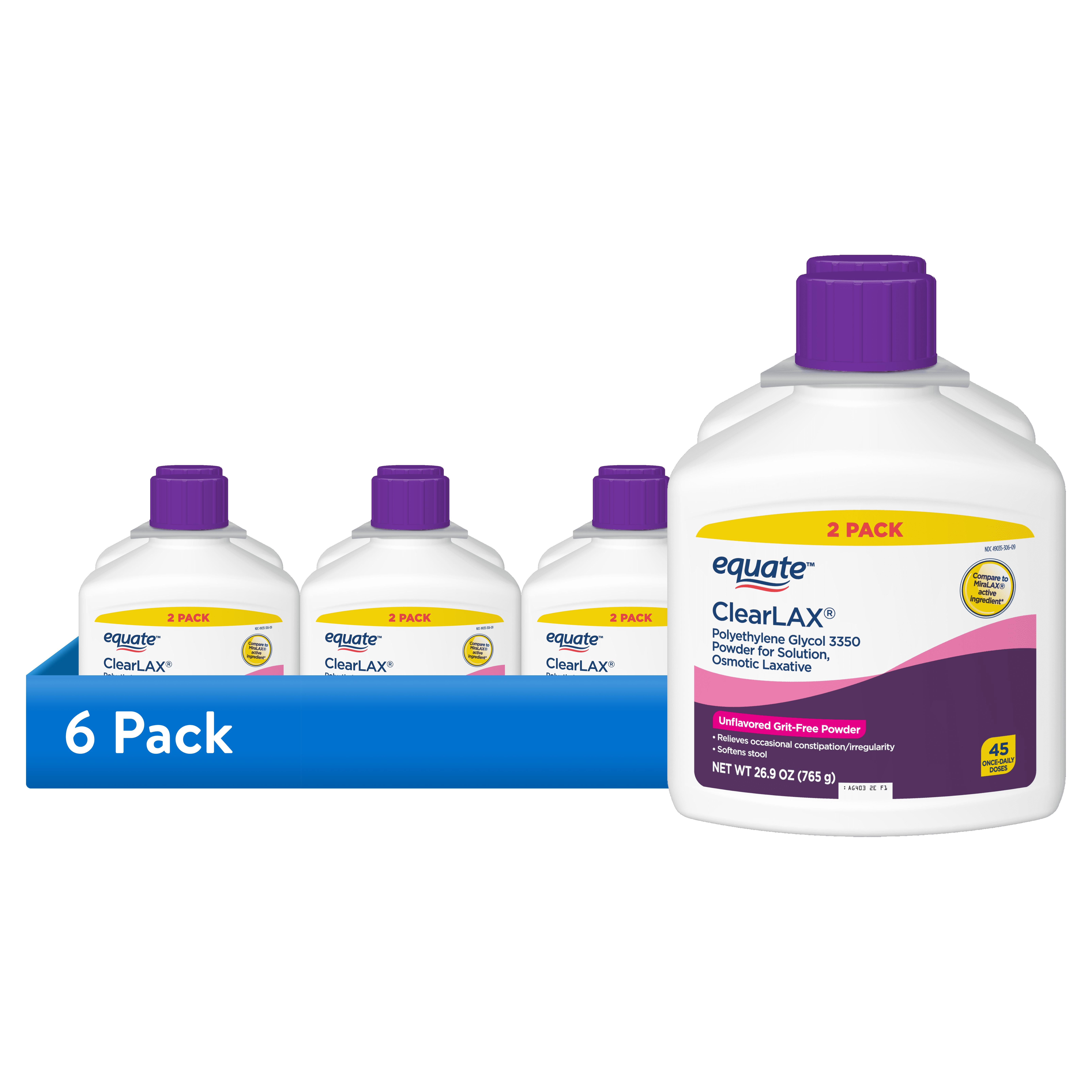 (6 pack) Equate ClearLax Polyethylene Glycol 3350 Powder for Solution, Unflavored, 26.9 oz, 2 Pack