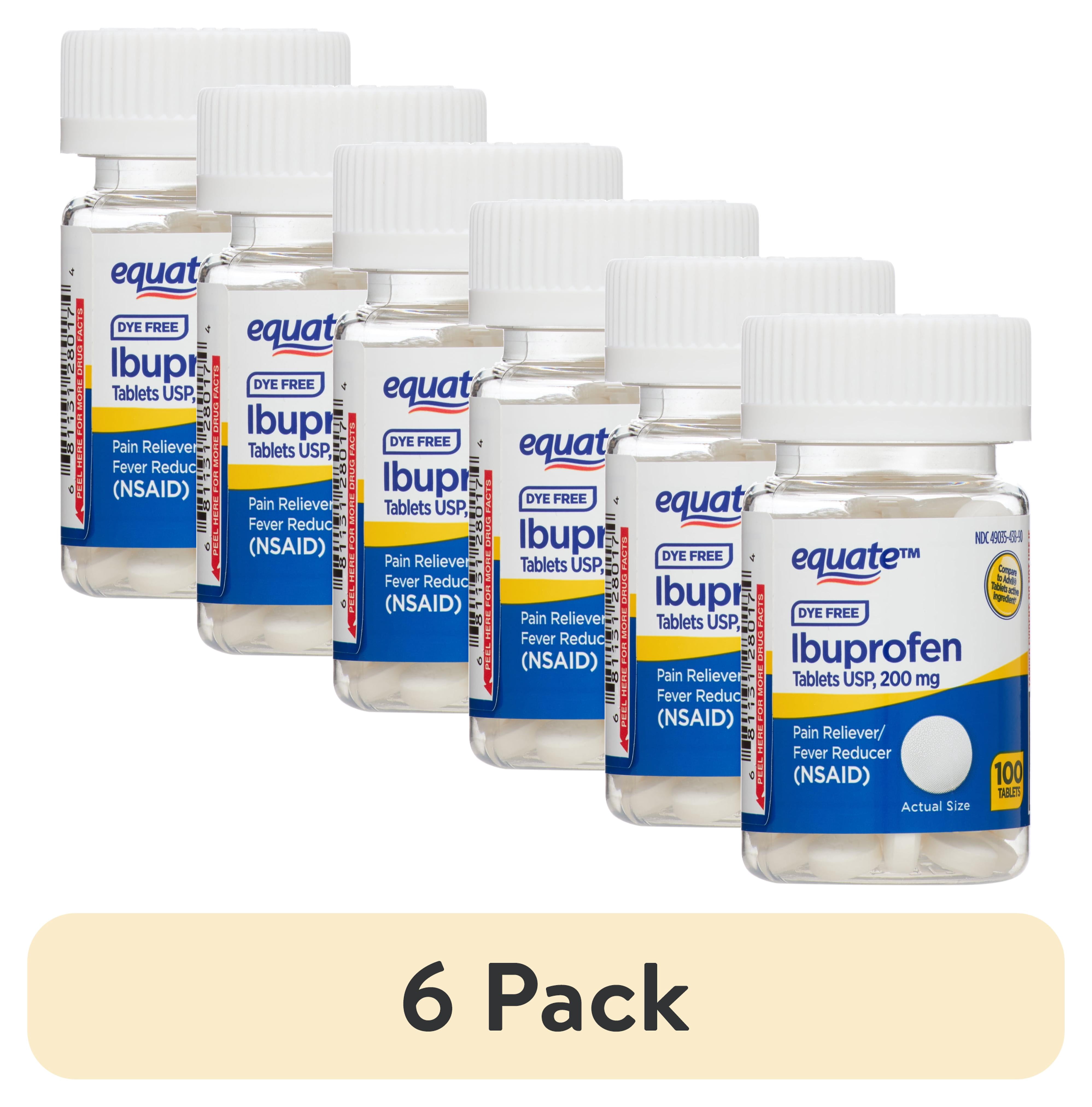 (6 pack) Equate Dye-Free Ibuprofen Tablets, 200 mg, Pain Reliever and Fever Reducer, 100 Count, Compare to AdvilÂ® Tablets Active Ingredient