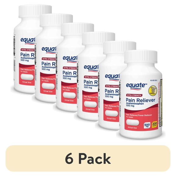 (6 pack) Equate Extra Strength Pain Reliever Acetaminophen 500mg Caplets, Fever Reducer, 200 Count, Compare to Tylenol® Extra Strength Active Ingredient