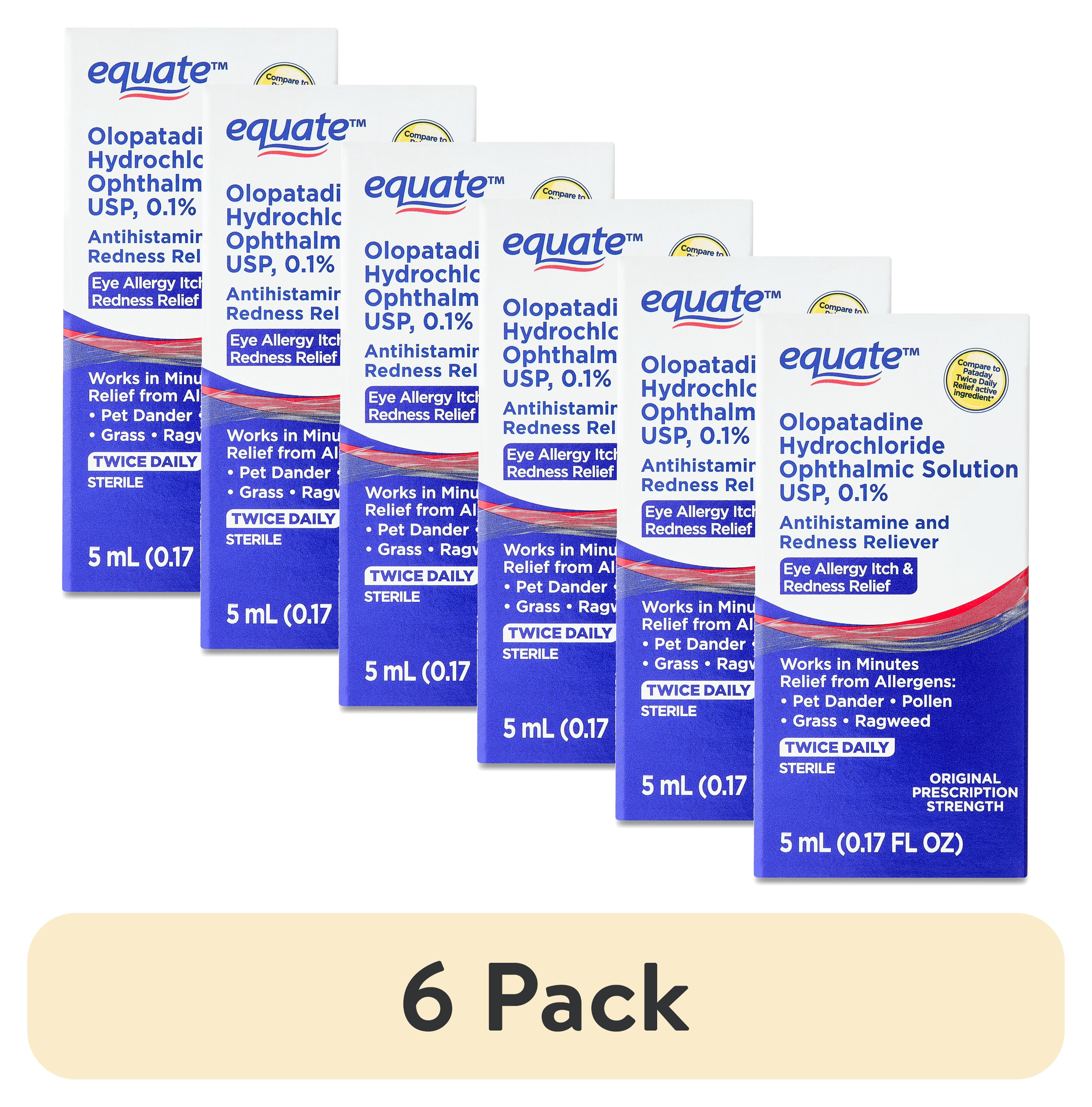 (6 pack) Equate Eye Itch Relief Antihistamine Eye Drops, Olopatadine HCL 0.1%, 5mL, Compare to Pataday Twice Daily Relief Active Ingredient
