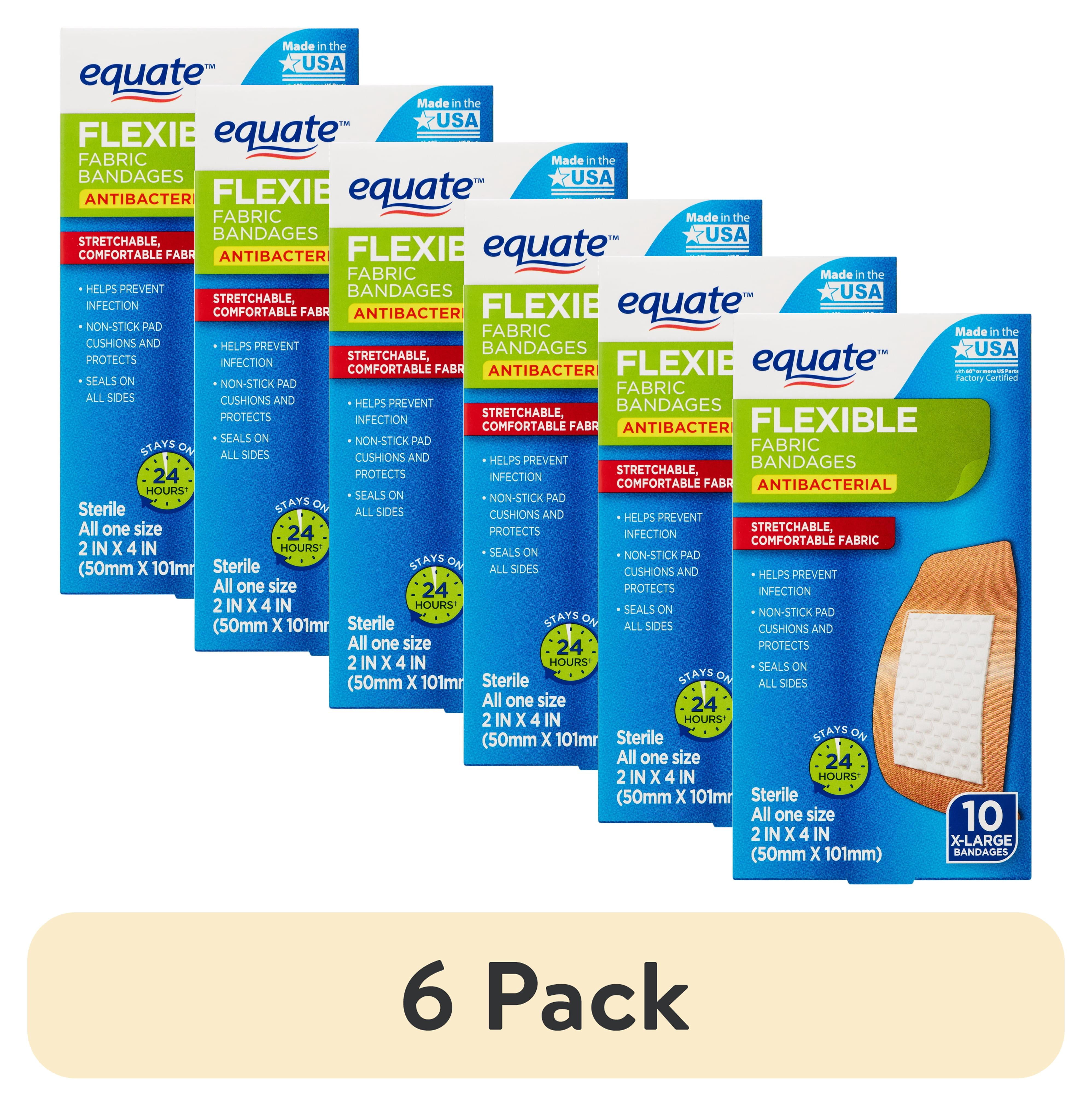 (6 pack) Equate Flexible Antibacterial Fabric Bandages, 10 Ct