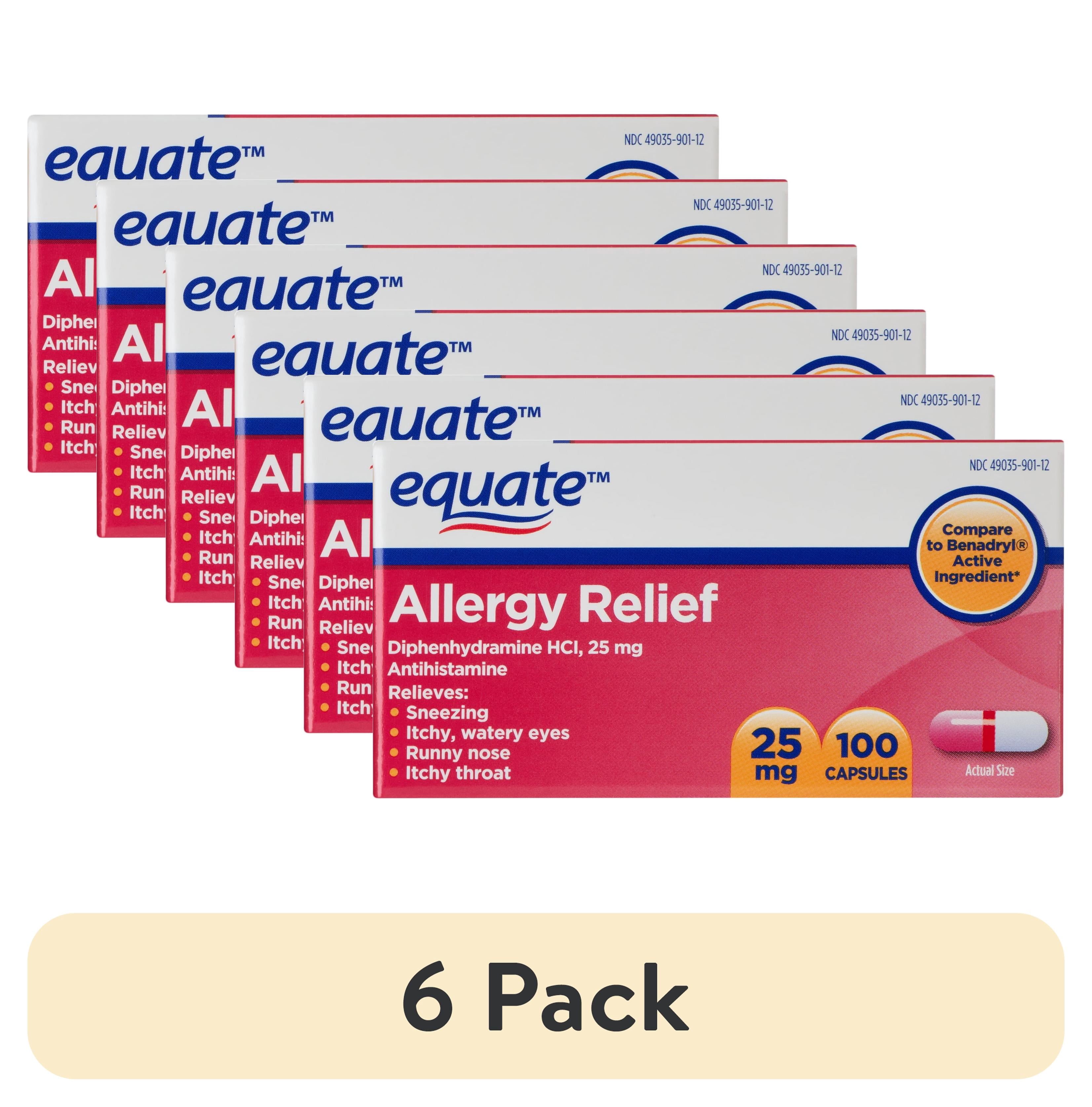 (6 pack) Equate Formaldehyde-Free Diphenhydramine HCl 25mg Allergy Capsules, 100 Count