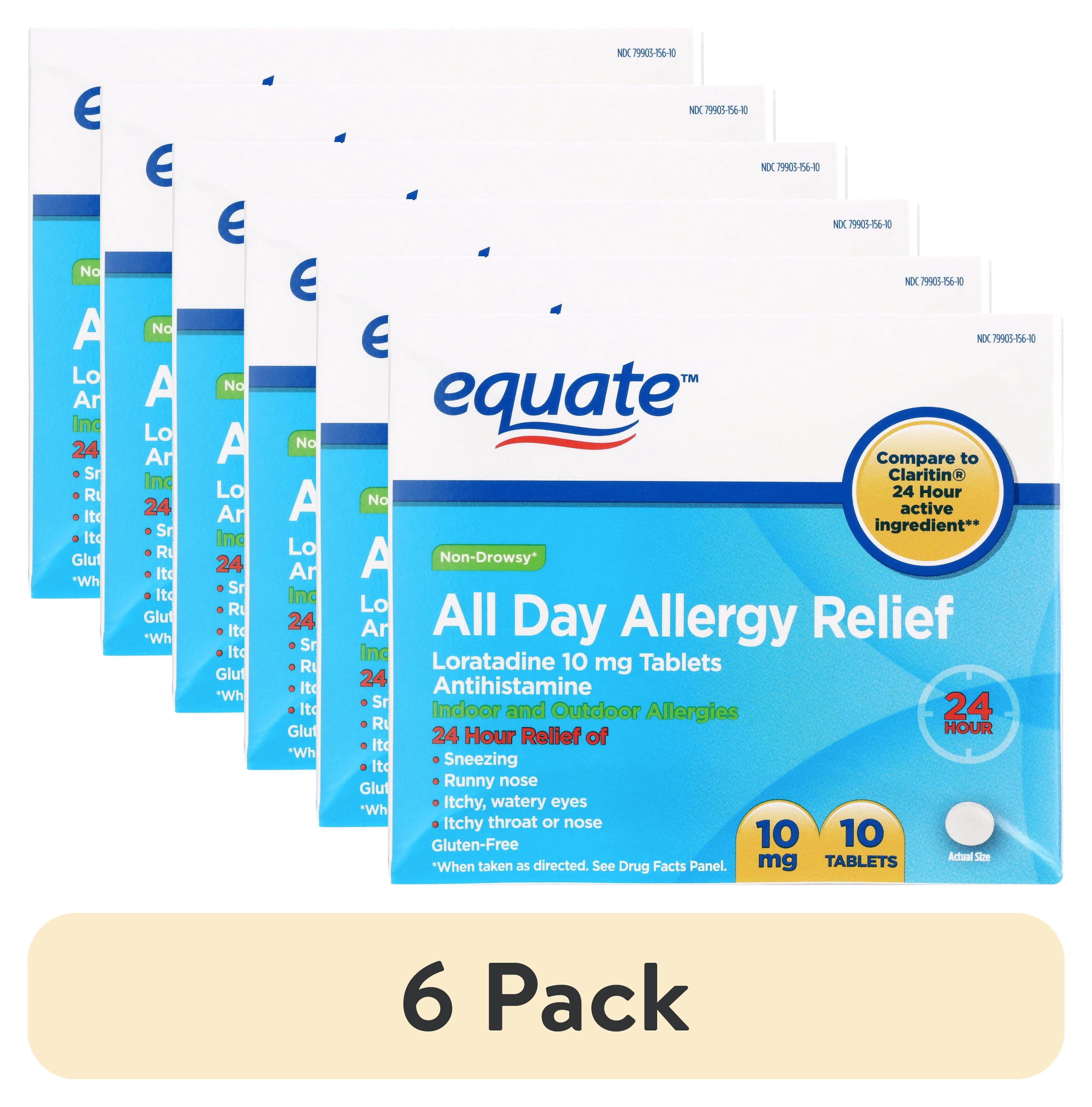 (6 pack) Equate Non-Drowsy All Day Allergy Relief Loratadine 10 mg Tablets Antihistamine, 10 Count, Compare to ClaritinÂ® 24 Hour Active Ingredient