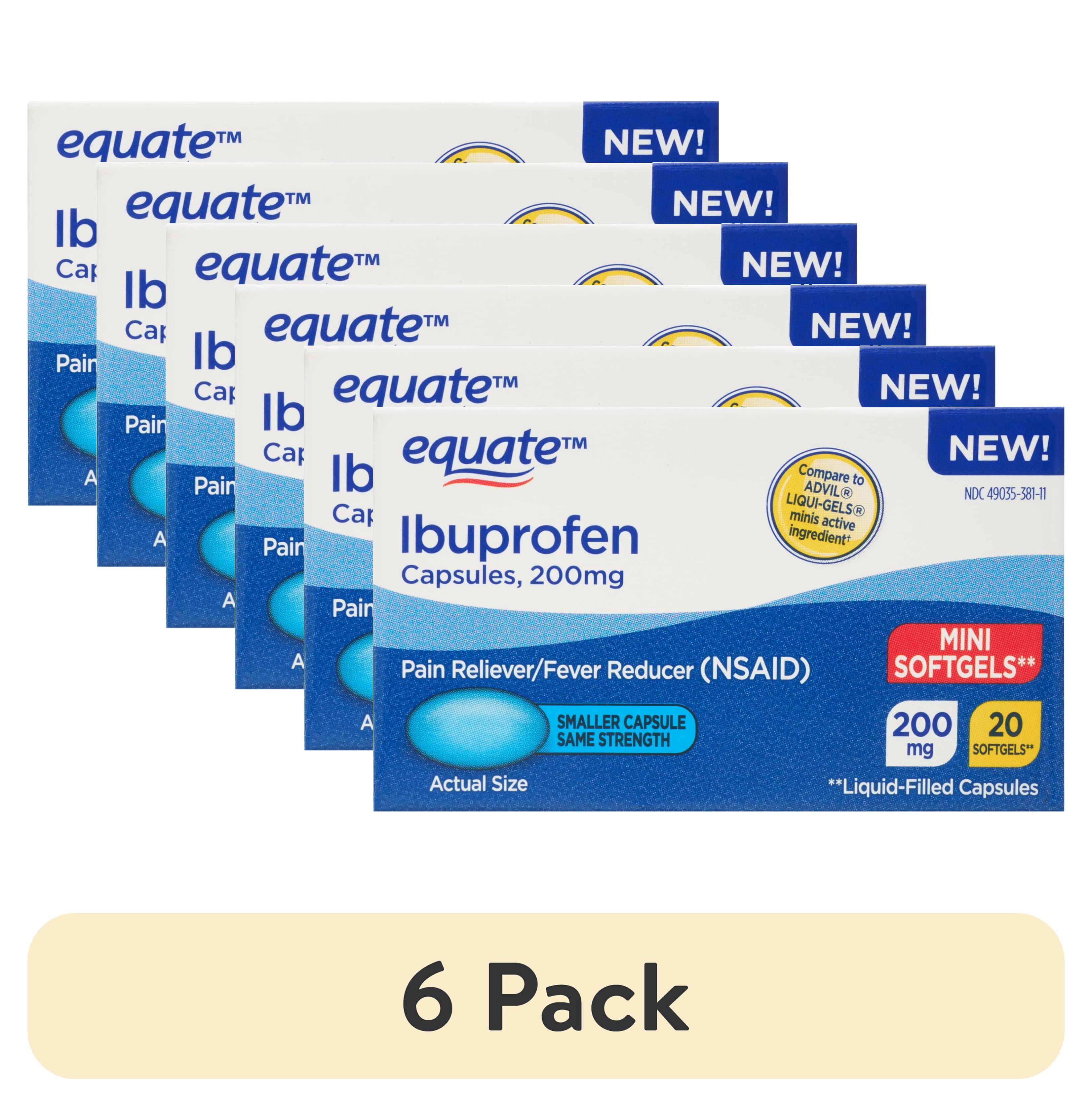 (6 pack) Equate Ibuprofen Mini Liquid Filled Softgel Capsules, 200 mg, Pain Relief & Fever Reducer, 20 Count, Compare to Advil® LIQUI-GELS Minis Active Ingredient