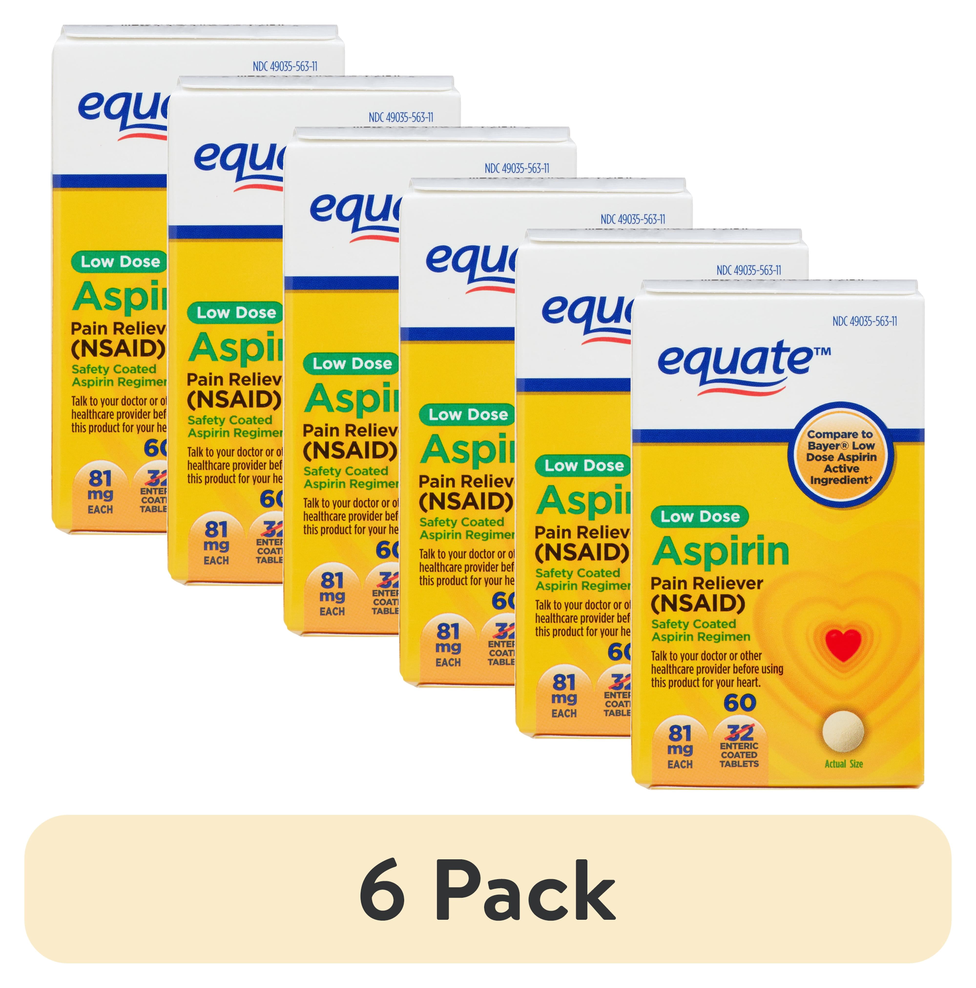 (6 pack) Equate Low Dose Aspirin Pain Relief Safety Coated Tablets, 81 mg, 60 Count, Compare to Bayer® Low Dose Aspirin Active Ingredient