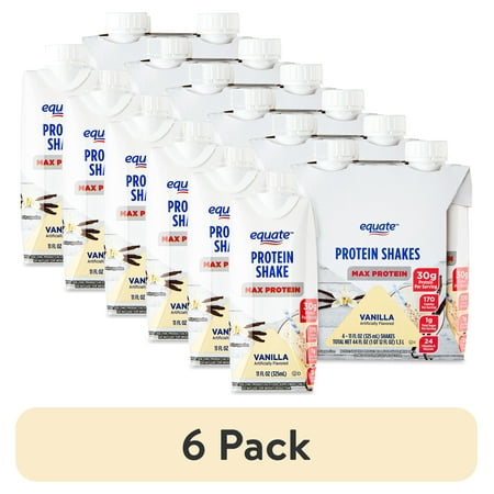(6 pack) Equate Max Protein Nutrition Shake, Vanilla Flavored, 11 fl oz, 4 Count