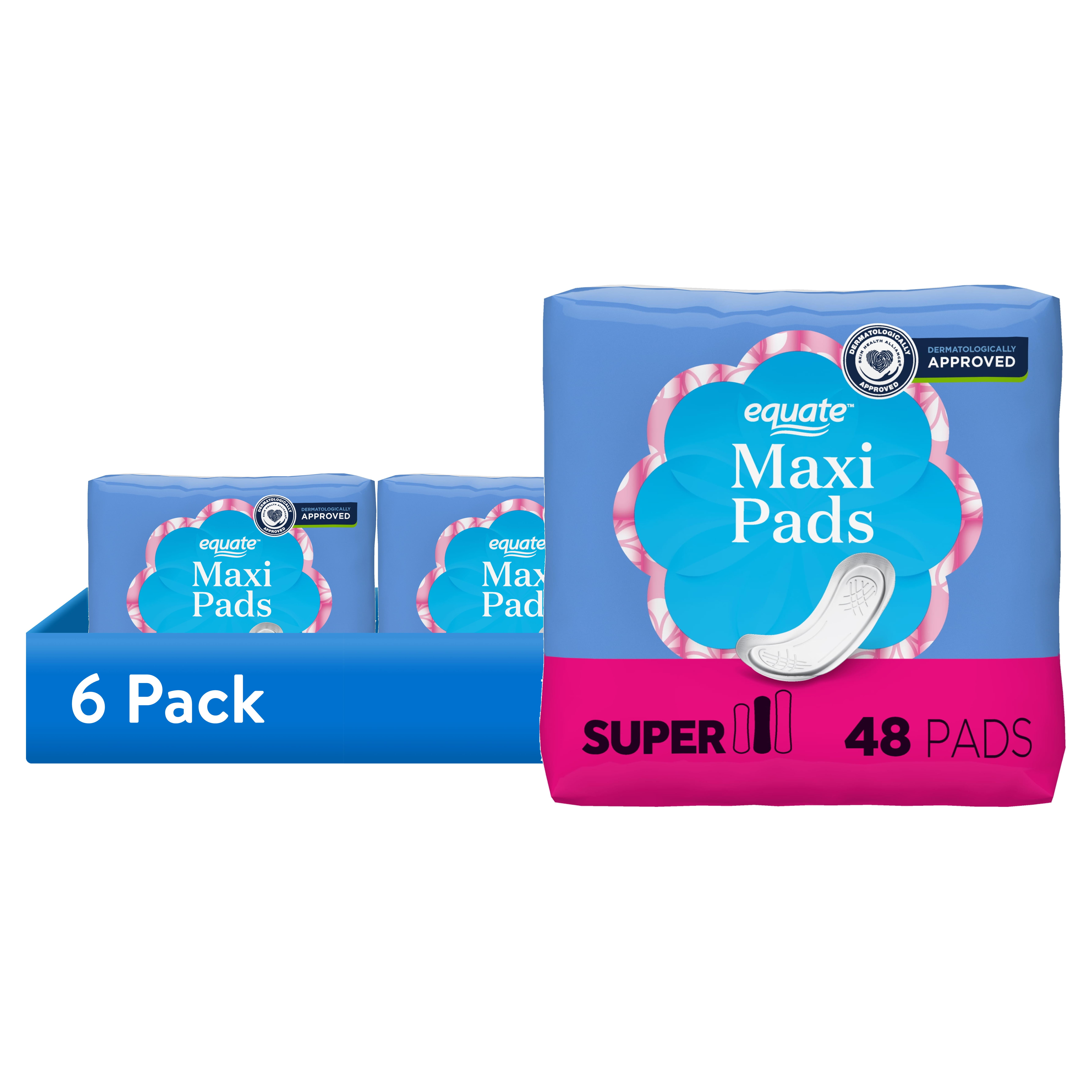 (6 pack) Equate Maxi Pads, Super Protection, Unscented, Compare to Stayfree Maxi (48 Count)