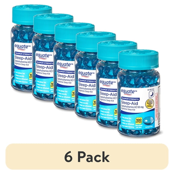 (6 pack) Equate Maximum Strength Nighttime Sleep-Aid Diphenhydramine HCl Sleep Support Softgels, 50 mg, 100 Count, Compare to Unisom® SleepGel®s Active Ingredient