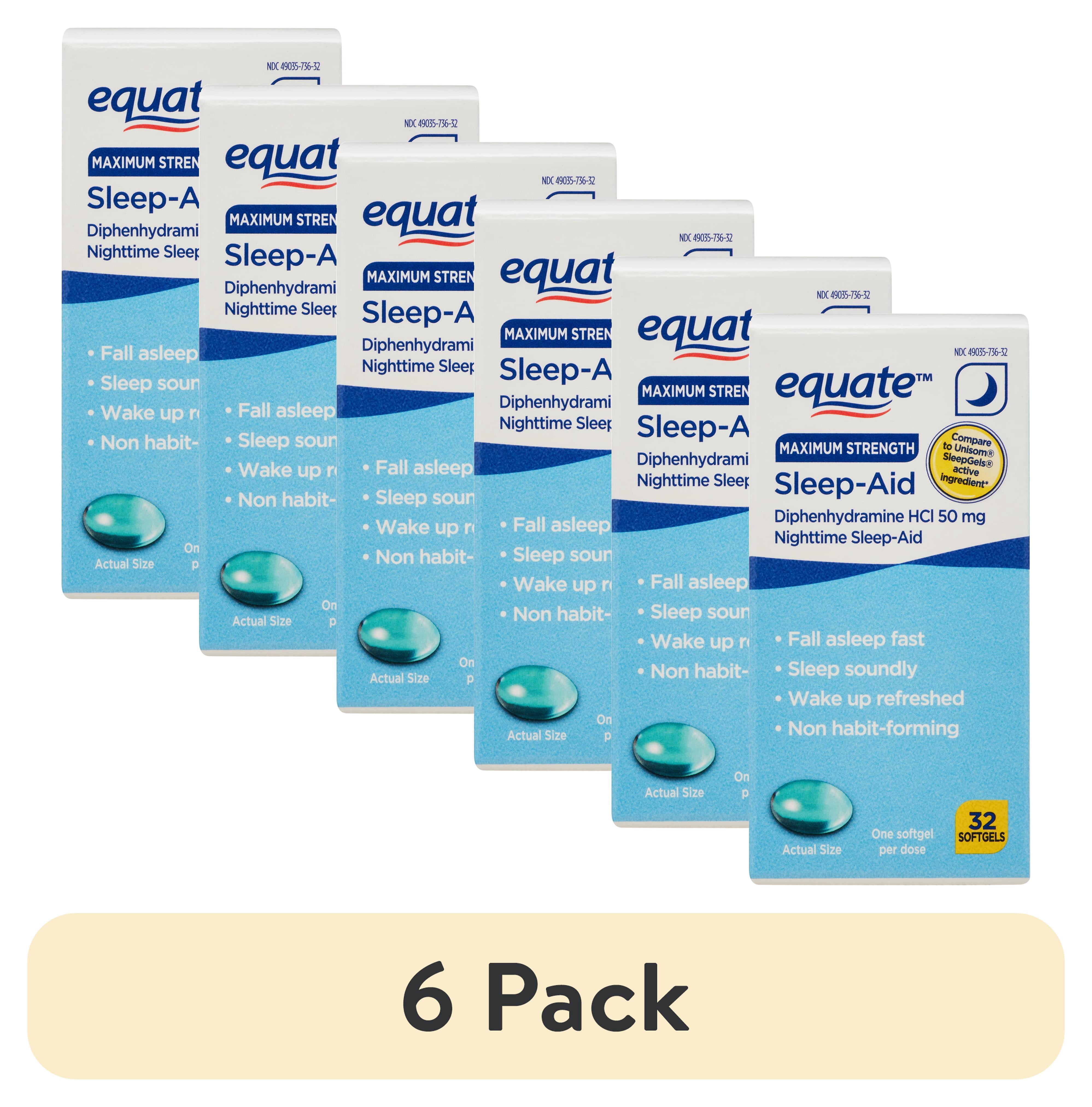 (6 pack) Equate Maximum Strength Nighttime Sleep-Aid Diphenhydramine HCl Sleep Support Softgels, 50 mg, 32 Count, Compare to Unisom® SleepGel®s Active Ingredient