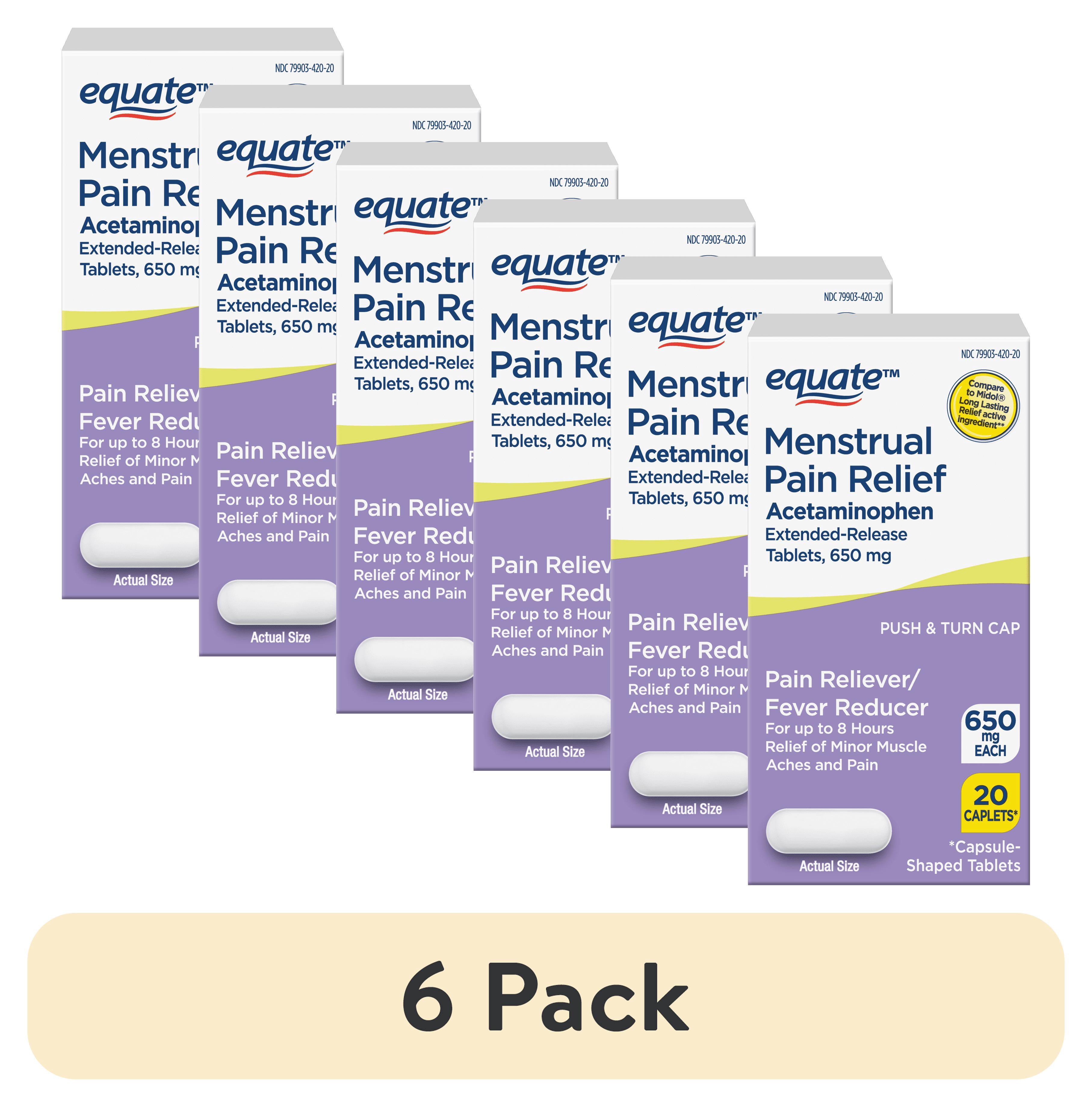 (6 pack) Equate Menstrual Pain Long Lasting Relief Caplets, Extended-Release Acetaminophen, 8 Hour Relief, 20 Count