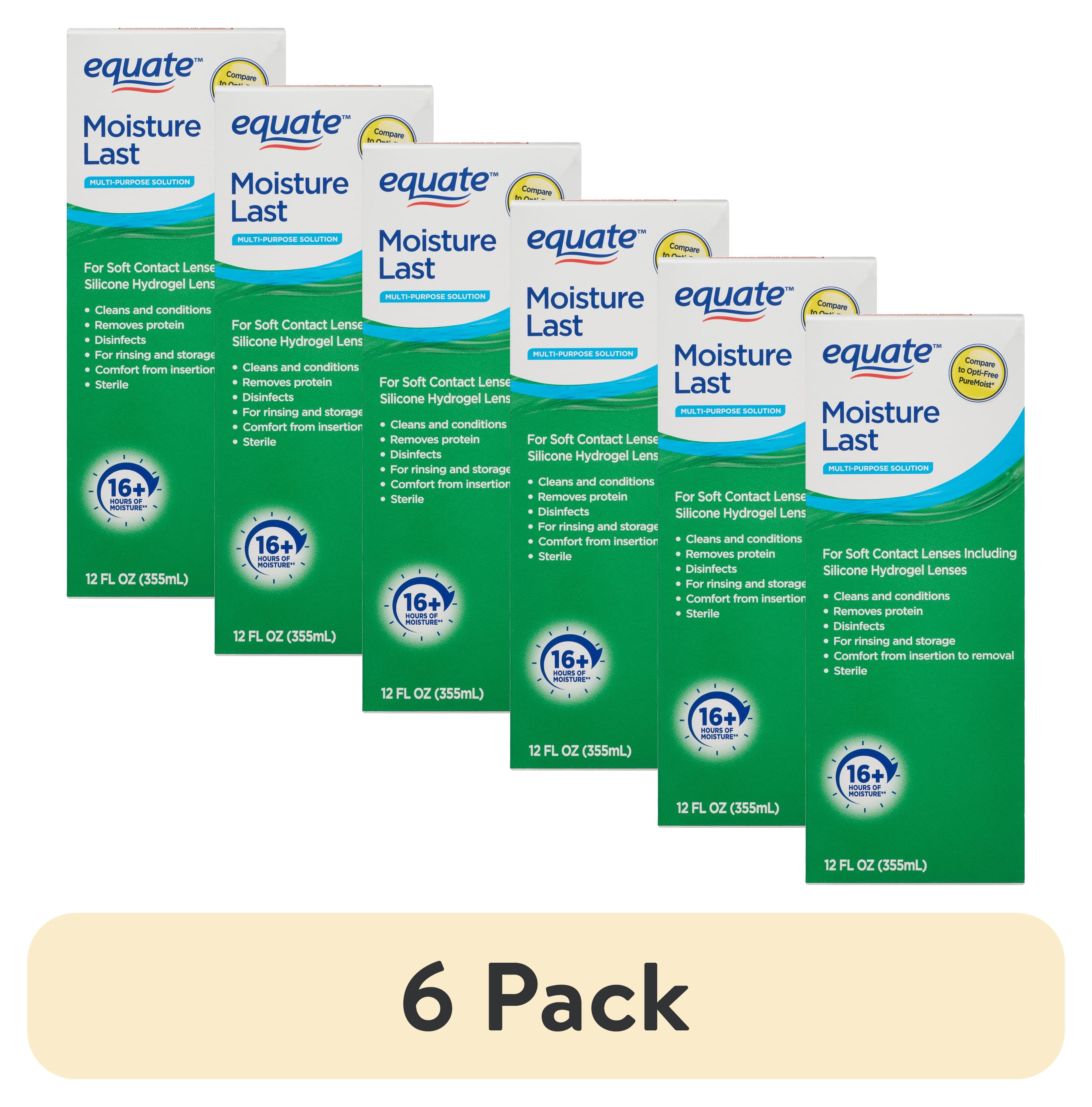 (6 pack) Equate Moisture Last Multi-Purpose Solution for Soft Contact Lenses, 12 fl oz, Compare to Opti-Free Pure Moist