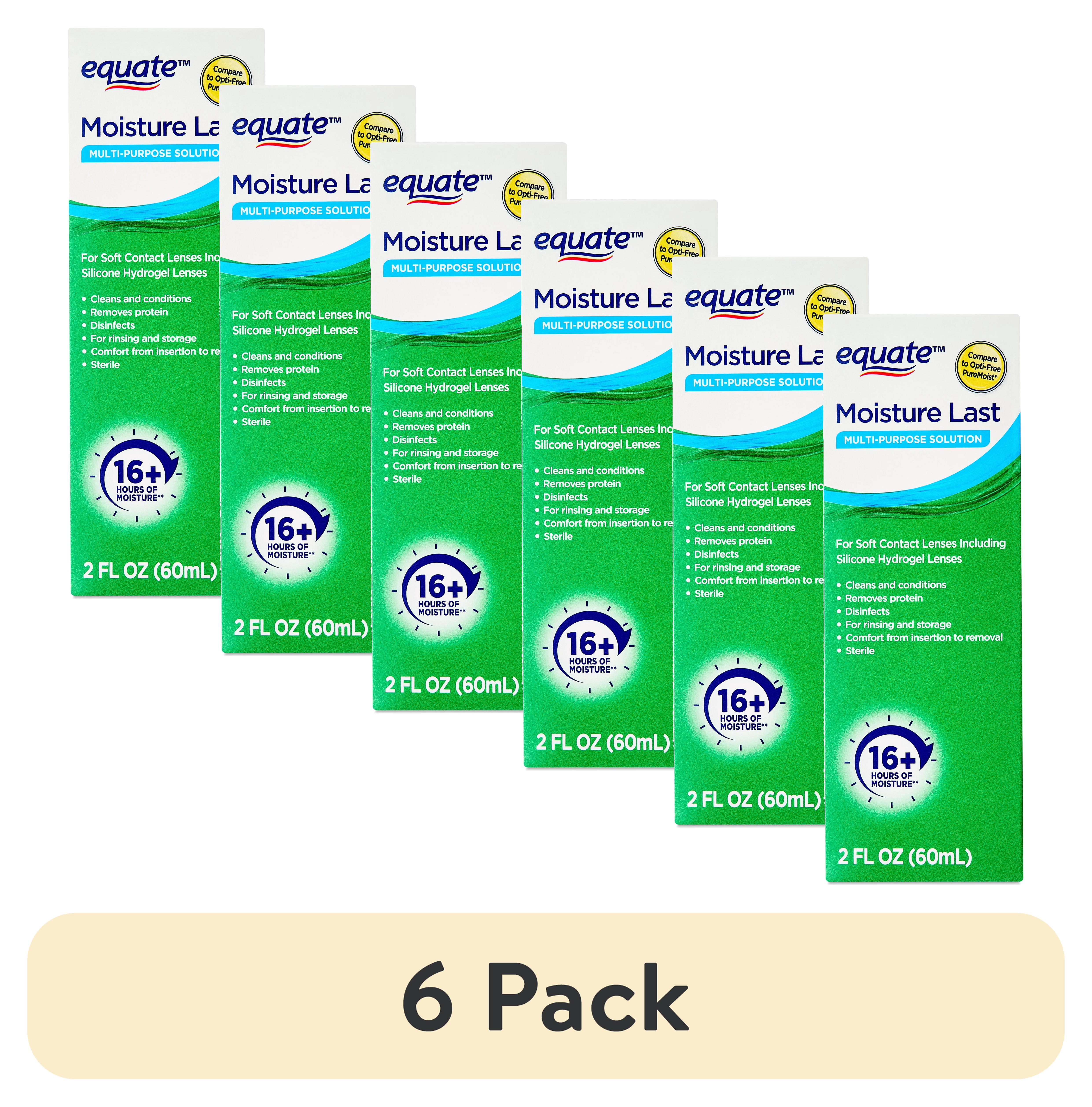 (6 pack) Equate Moisture Last Multi-Purpose Solution for Soft Contact Lenses, 2 fl oz, Compare to Opti-Free Pure Moist