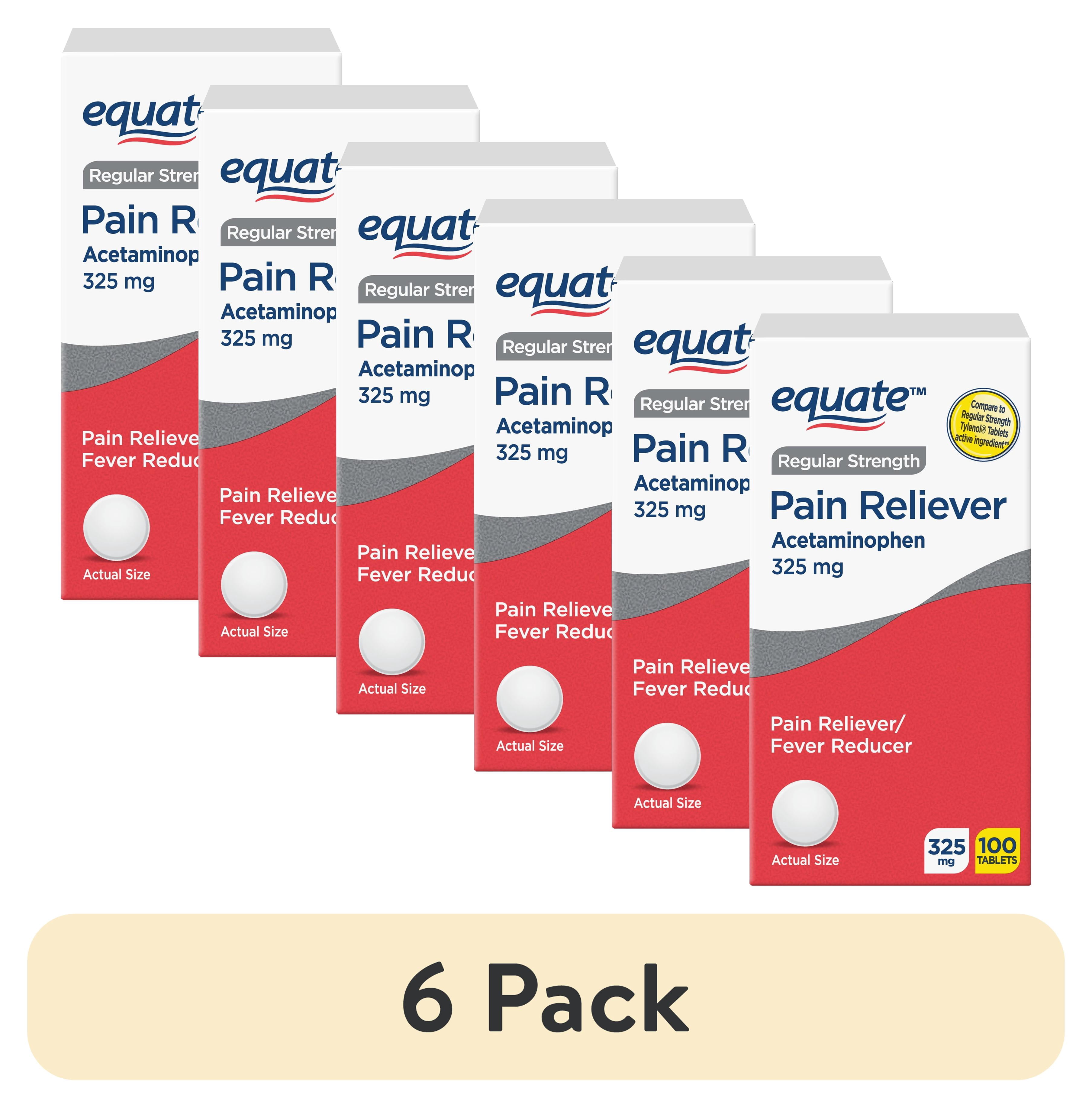 (6 pack) Equate Regular Strength Pain Reliever Acetaminophen Tablets, 325mg, 100 Count