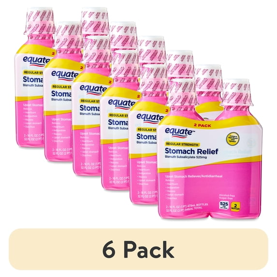 (6 pack) Equate Upset Stomach Relief Bismuth Liquid, Regular Strength, 16 fl oz, 2 Pack, Compare to Pepto-Bismol® Active Ingredient