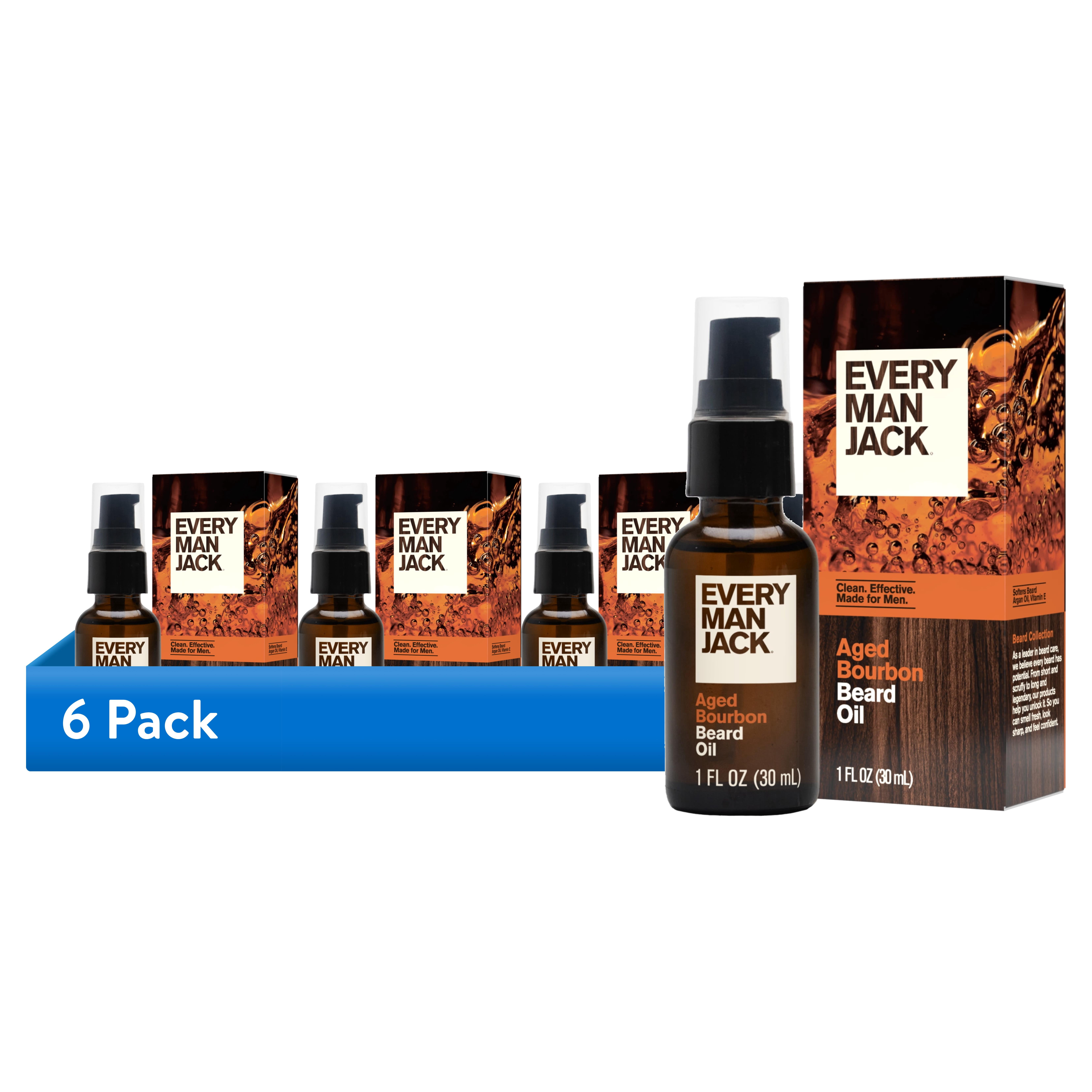 (6 pack) Every Man Jack Aged Bourbon Beard Oil for Men Deeply Moisturizes & Softens Your Beard, Naturally Derived with Shea Butter & Argan Oil 1 fl oz, 1 Count