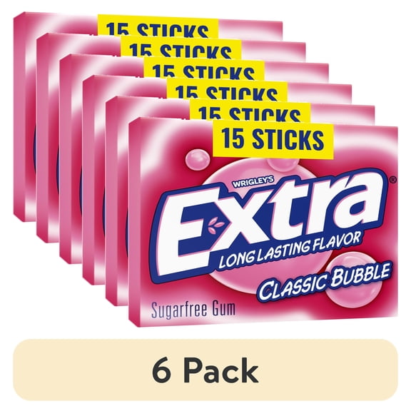 (6 pack) Extra Classic Bubble Gum Sugar Free Chewing Gum, Single Pack- 15 Stick