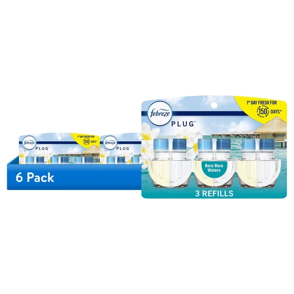 (6 pack) Febreze Plug In Air Freshener, Odor-Fighting Scented Oil Refill, Bora Bora Waters, 3 Refills