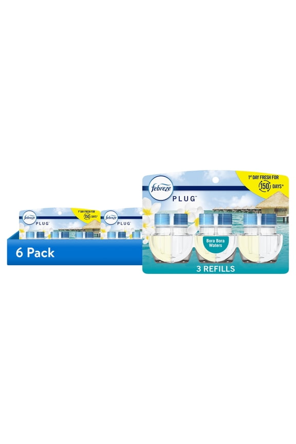 (6 pack) Febreze Plug In Air Freshener, Odor-Fighting Scented Oil Refill, Bora Bora Waters, 3 Refills