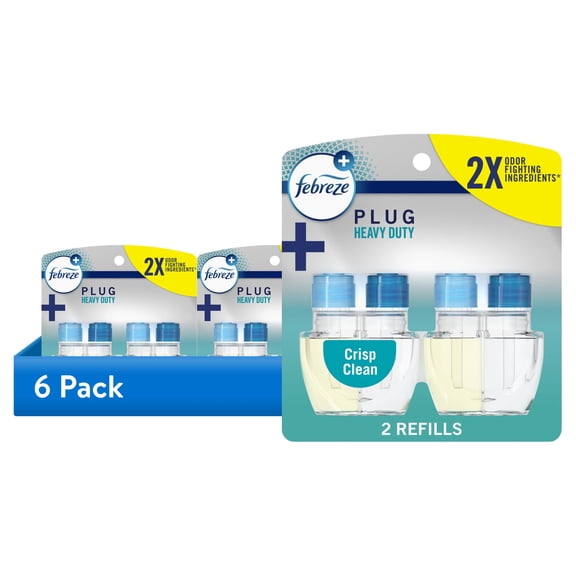 (6 pack) Febreze Plug In Air Freshener, Odor-Fighting Scented Oil Refill, Heavy Duty Crisp Clean, 2 Refills