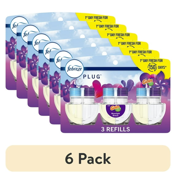 (6 pack) Febreze Plug In Air Freshener, Odor-Fighting Scented Oil Refill, Gain Moonlight Breeze, 3 Refills