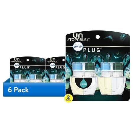 (6 pack) Febreze Unstopables Plug In Air Freshener, Odor-Fighting Scented Oil Refill, Fresh, 2 Refills