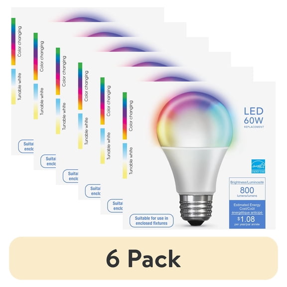(6 pack) Feit Electric Smart LED 9 Watt (60 Watt Eq.) Color Changing/Tunable White Light Bulb, A19, E26, Dimmable