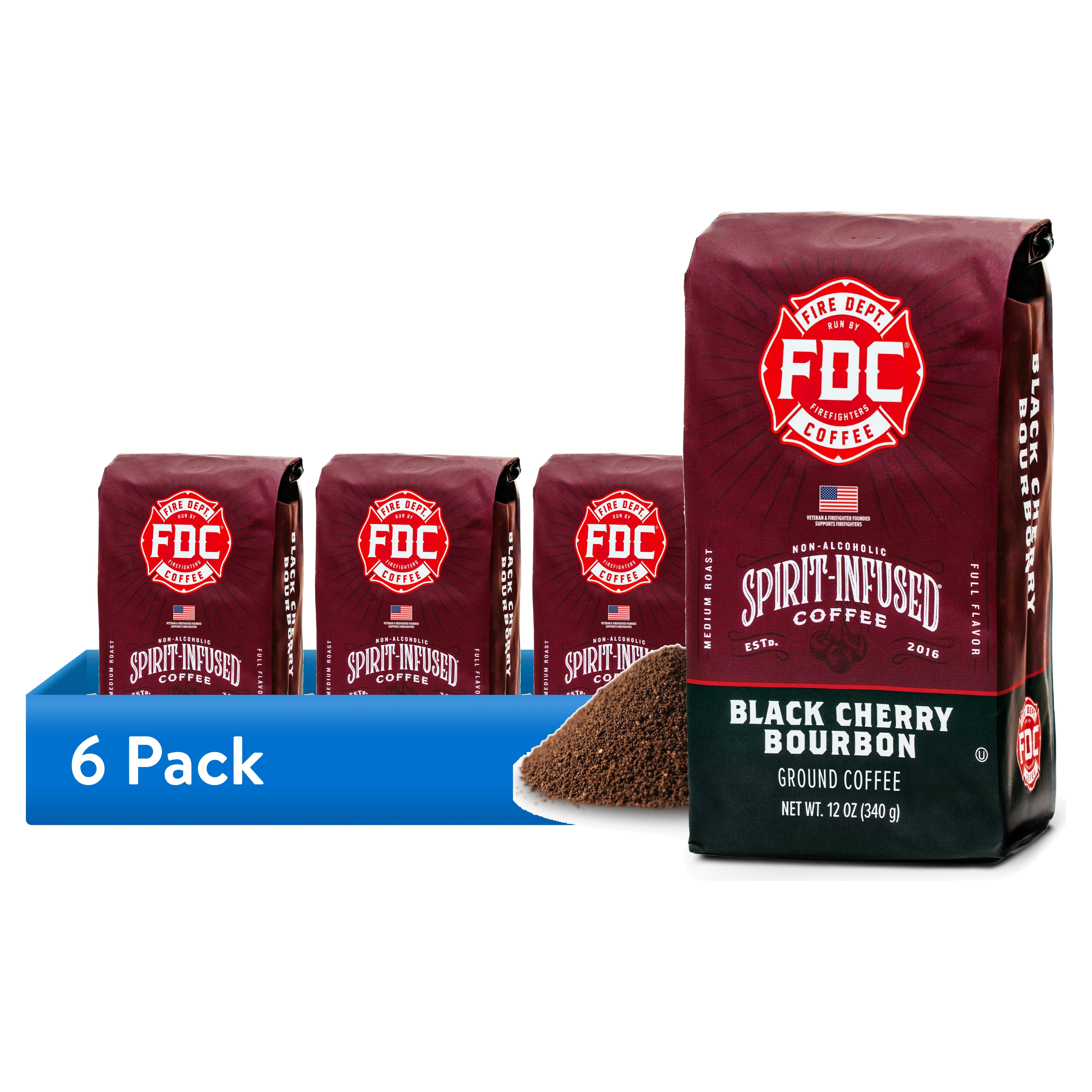 (6 pack) Fire Department Coffee, Black Cherry Bourbon Infused, Premium Ground Coffee, Medium Roast 12 oz.