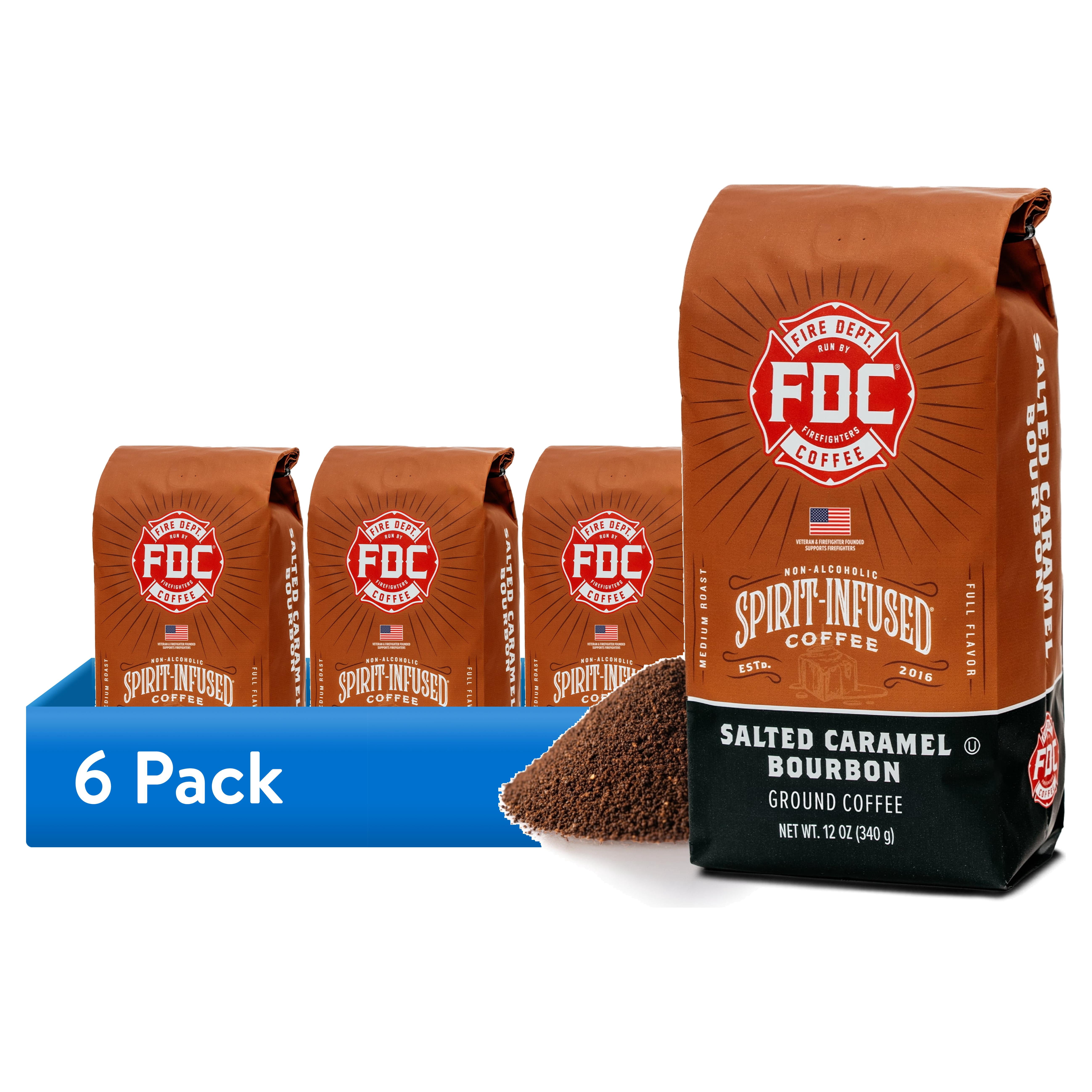 (6 pack) Fire Department Coffee, Salted Caramel Bourbon Infused, Premium Ground Coffee, Medium Roast 12 oz.
