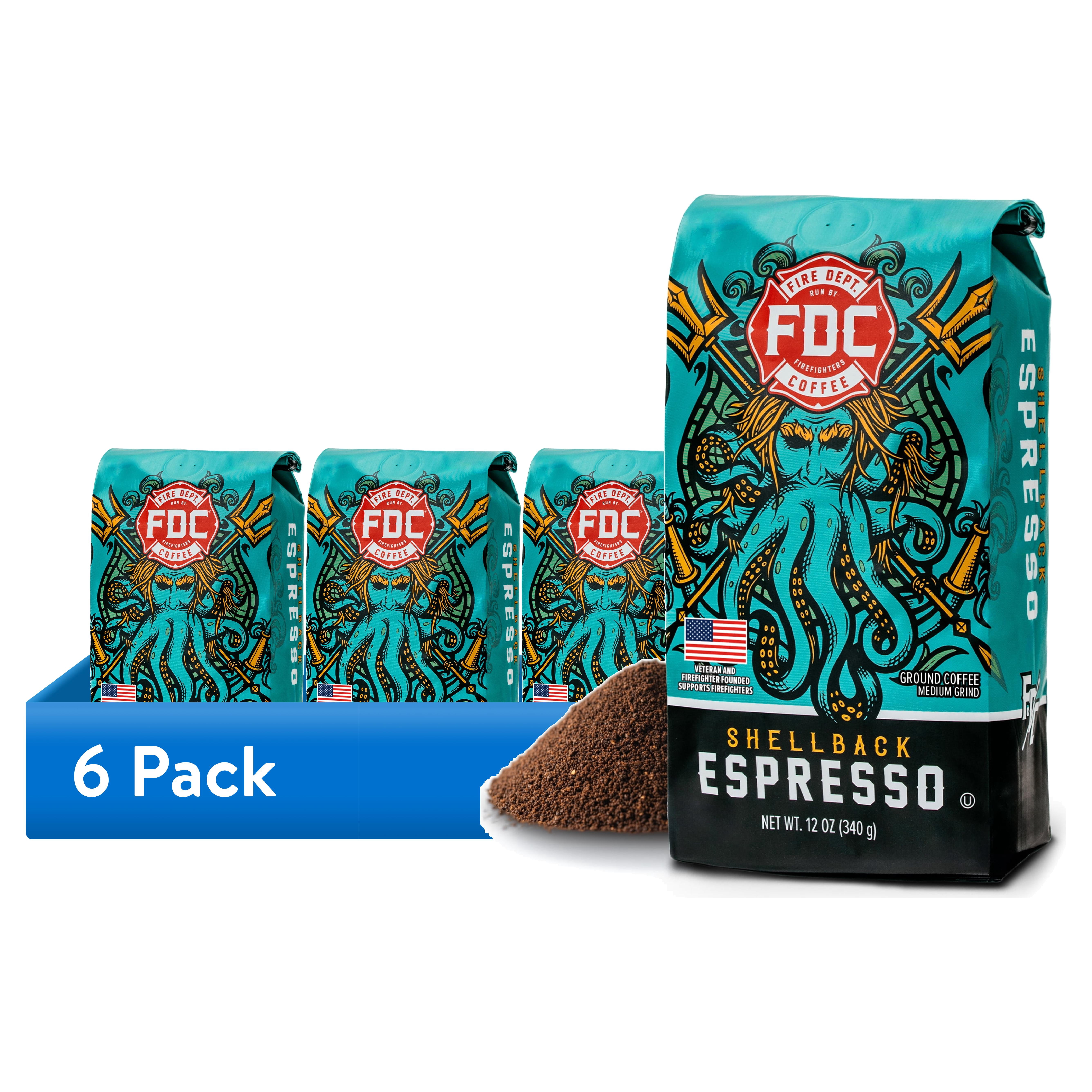 (6 pack) Fire Department Coffee, Shellback Espresso, Premium Ground Coffee, Medium Roast, 12 oz.