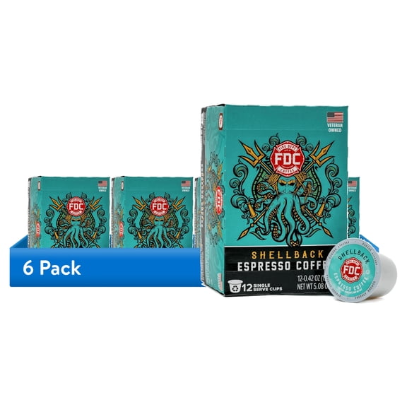 (6 pack) Fire Department Coffee, Shellback Espresso, Premium K-Cup Coffee Pods, Medium Roast, 12 Pack