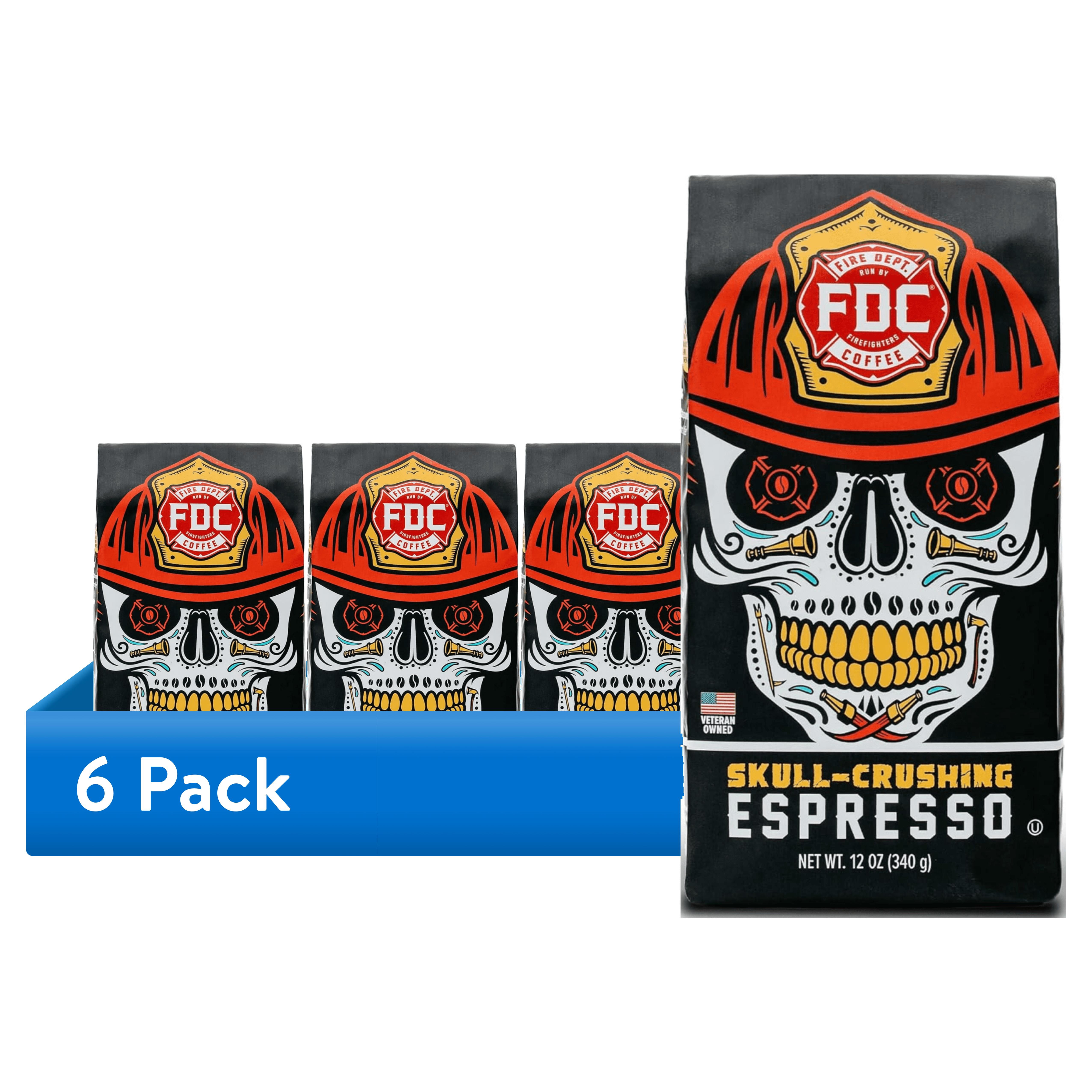 (6 pack) Fire Department Coffee Skull-Crushing Espresso Dark Roast Premium Ground Coffee, 12 oz