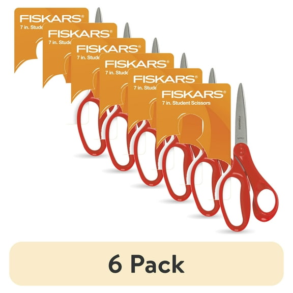 (6 pack) Fiskars Student Scissors, 7", Pointed, School Supplies for Kids 12 & Older, Red