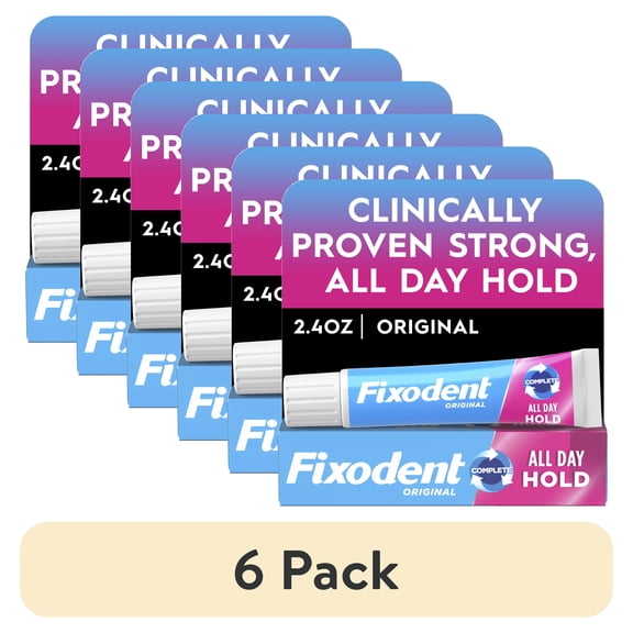 (6 pack) Fixodent Denture Adhesive Cream Original, All Day Hold for Fulls and Partials, 2.4 oz